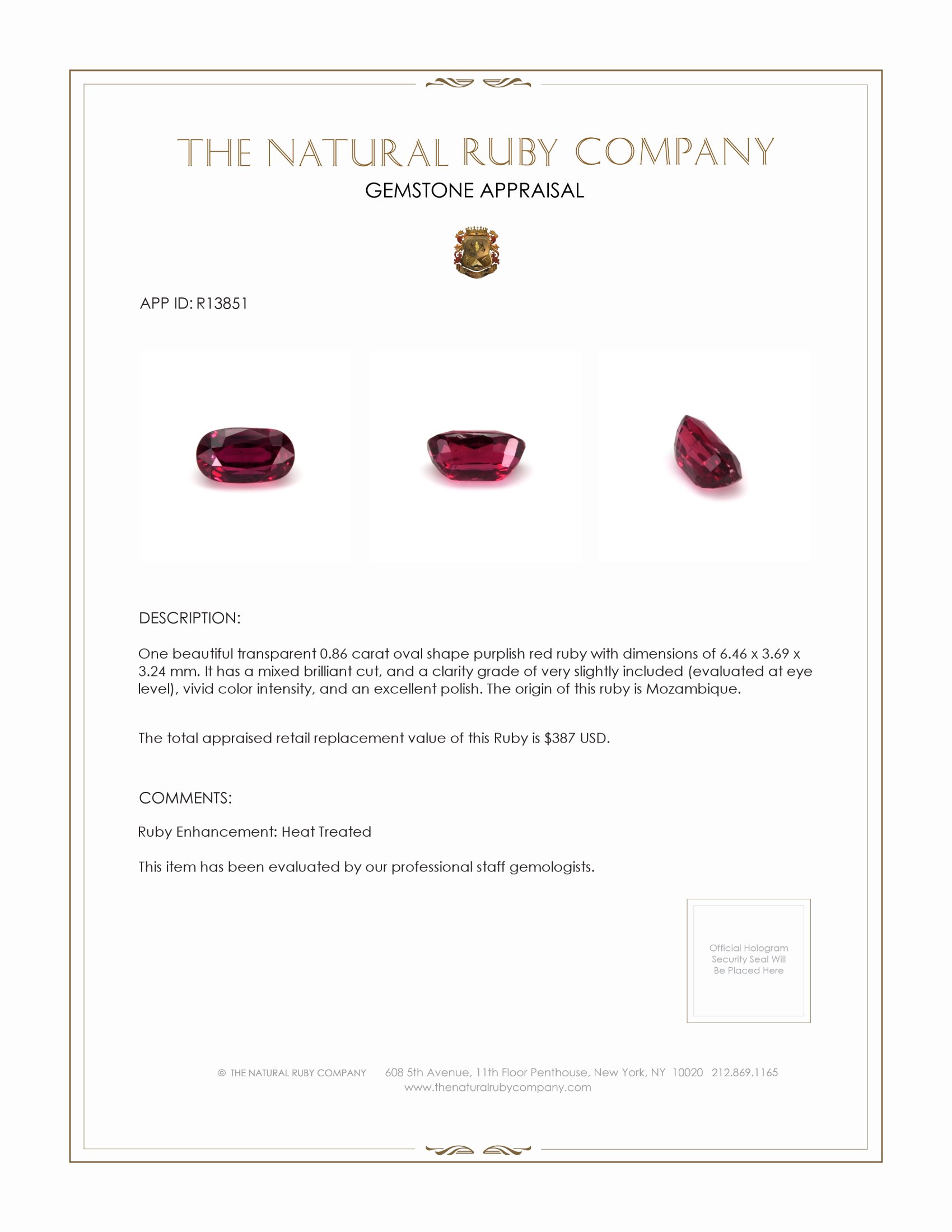 0.86 Ct. Ruby from Mozambique