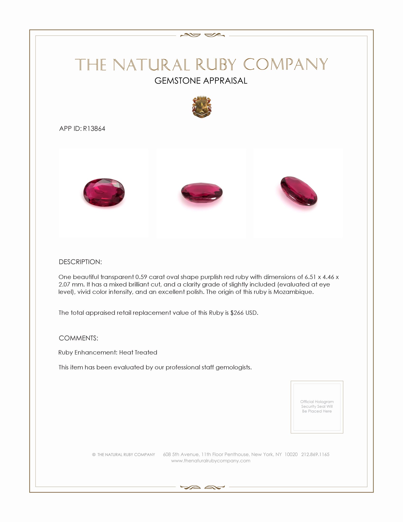 0.59 Ct. Purplish Red Ruby from Mozambique