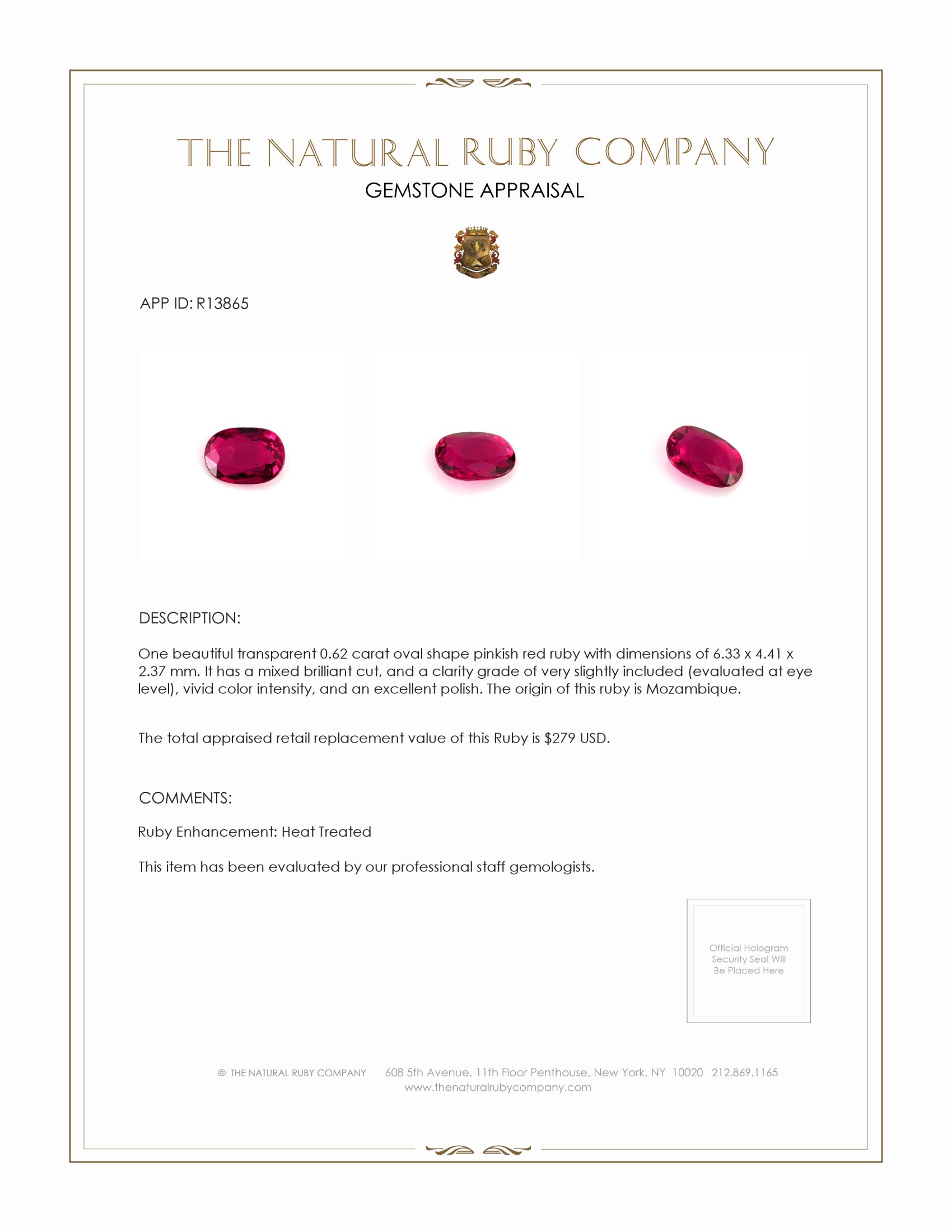 0.62 Ct. Pinkish Red Ruby from Mozambique