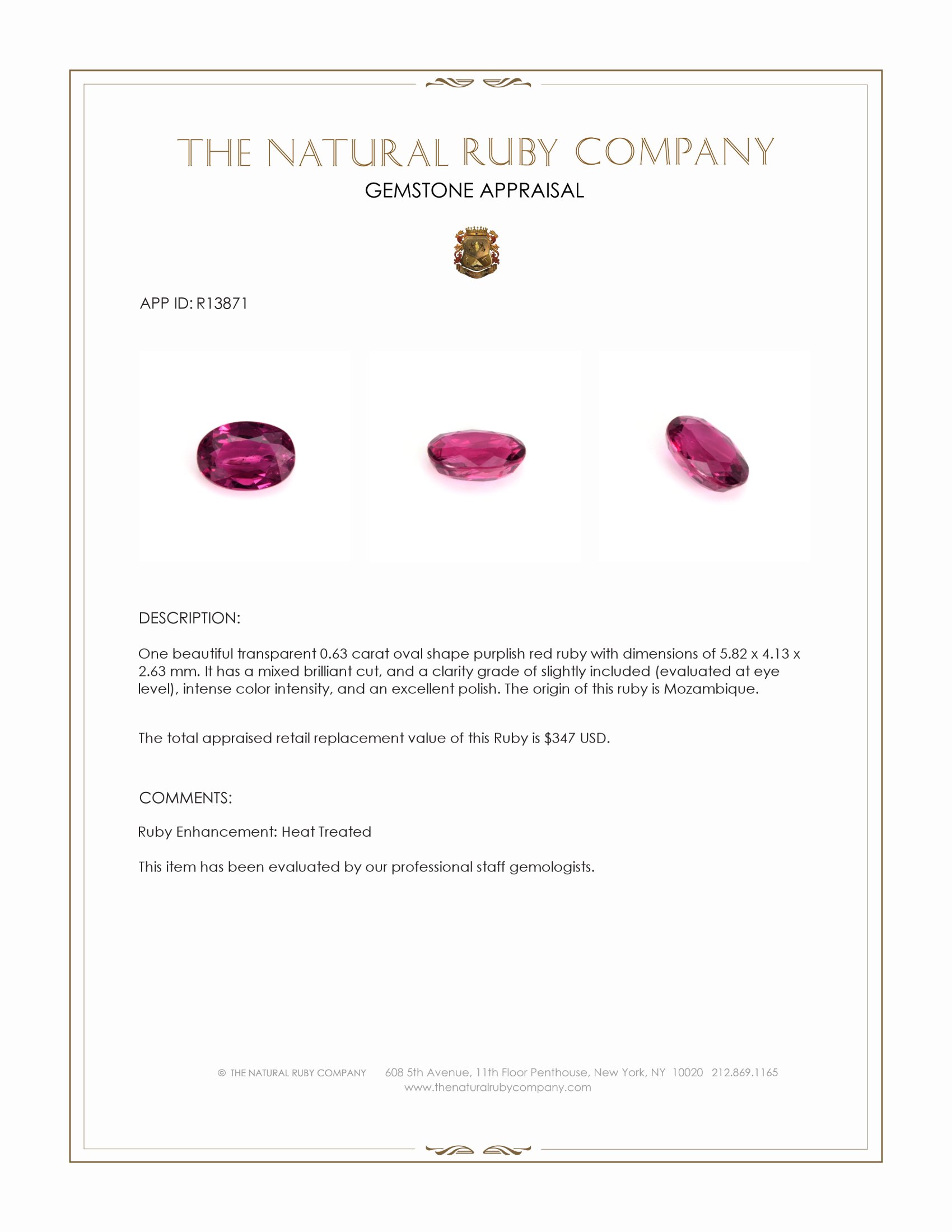 0.63 Ct. Purplish Red Ruby from Mozambique