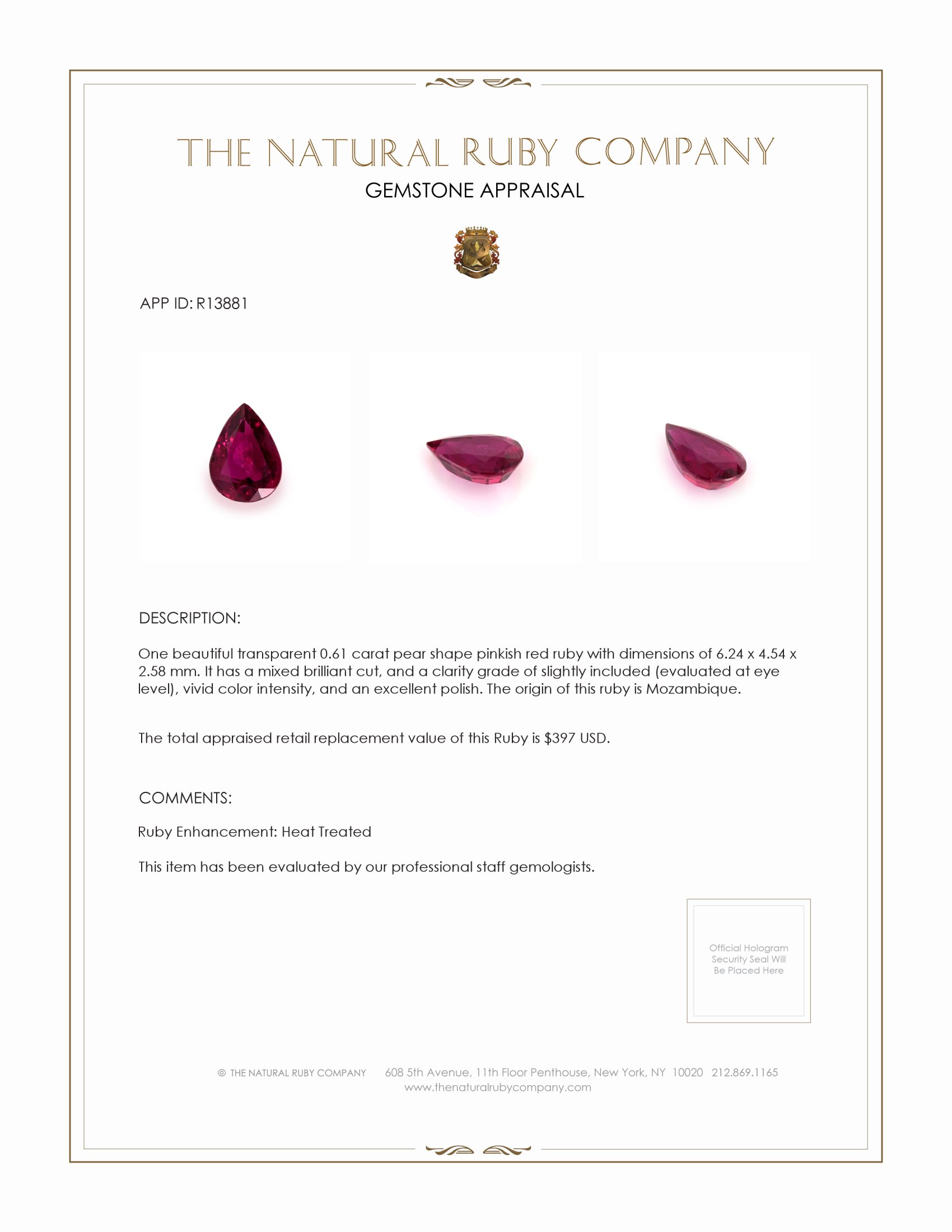 0.61 Ct. Ruby from Mozambique