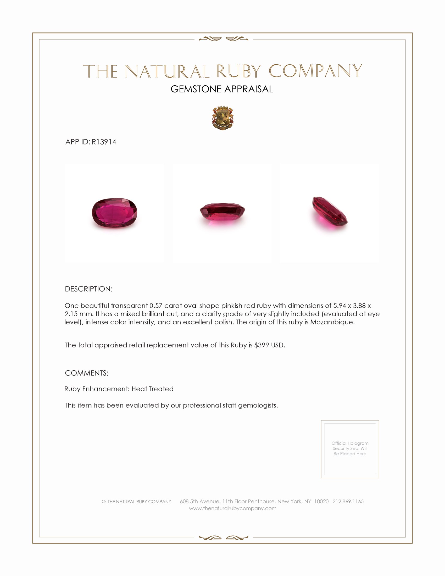 0.57 Ct. Pinkish Red Ruby from Mozambique