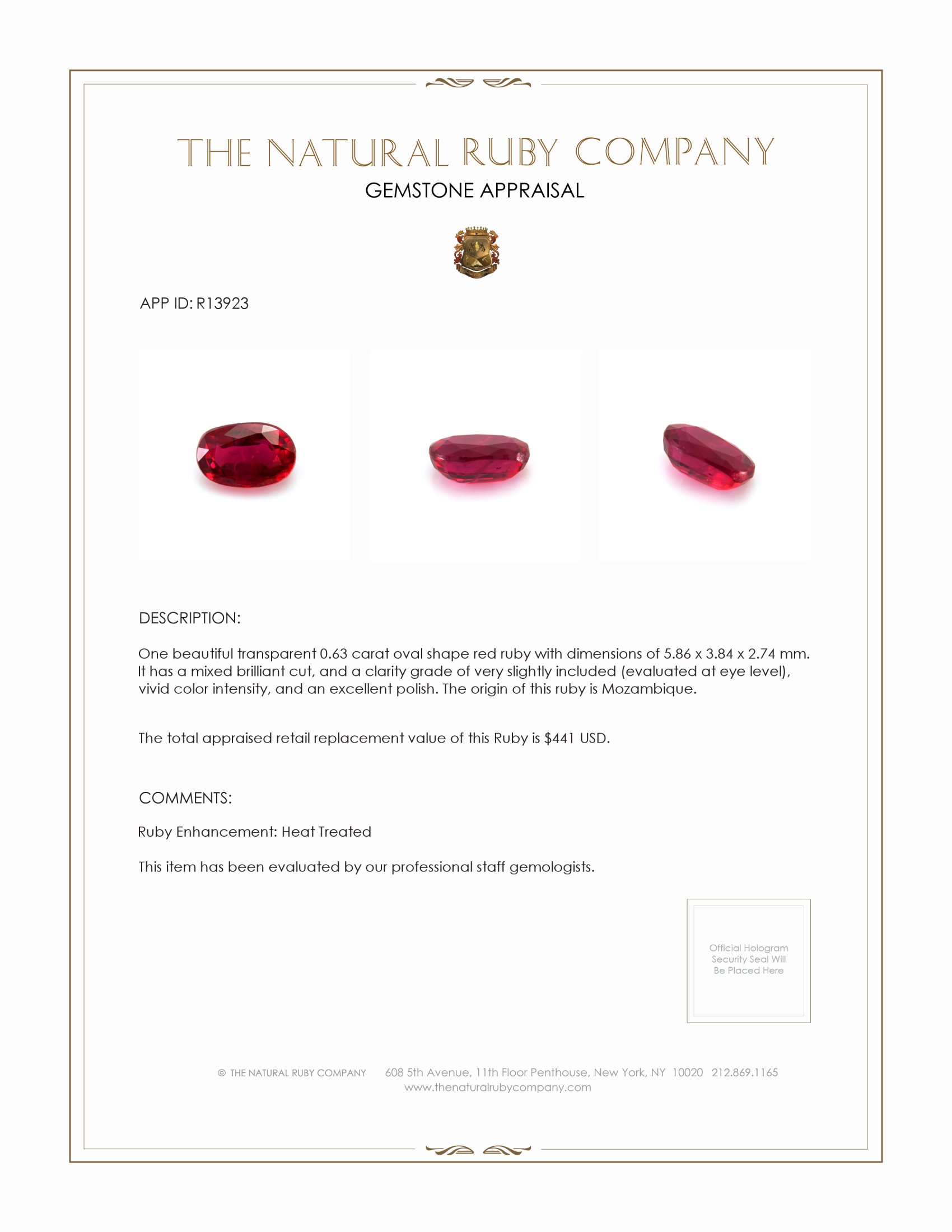 0.63 Ct. Ruby from Mozambique