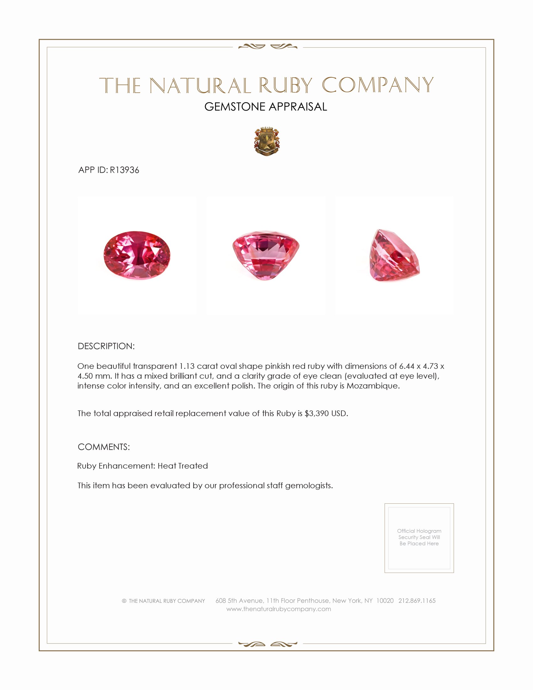 1.13 Ct. Ruby from Mozambique