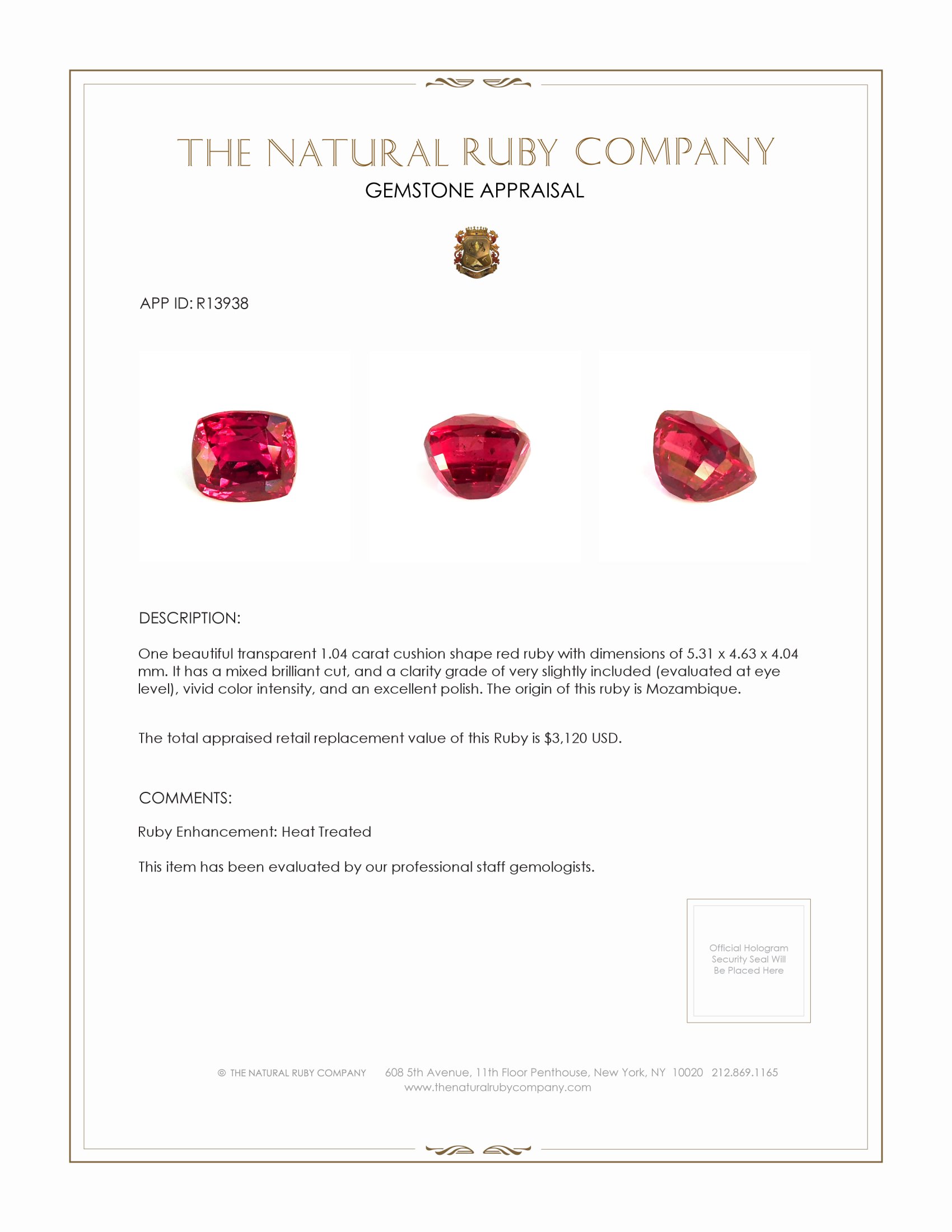 1.04 Ct. Ruby from Mozambique
