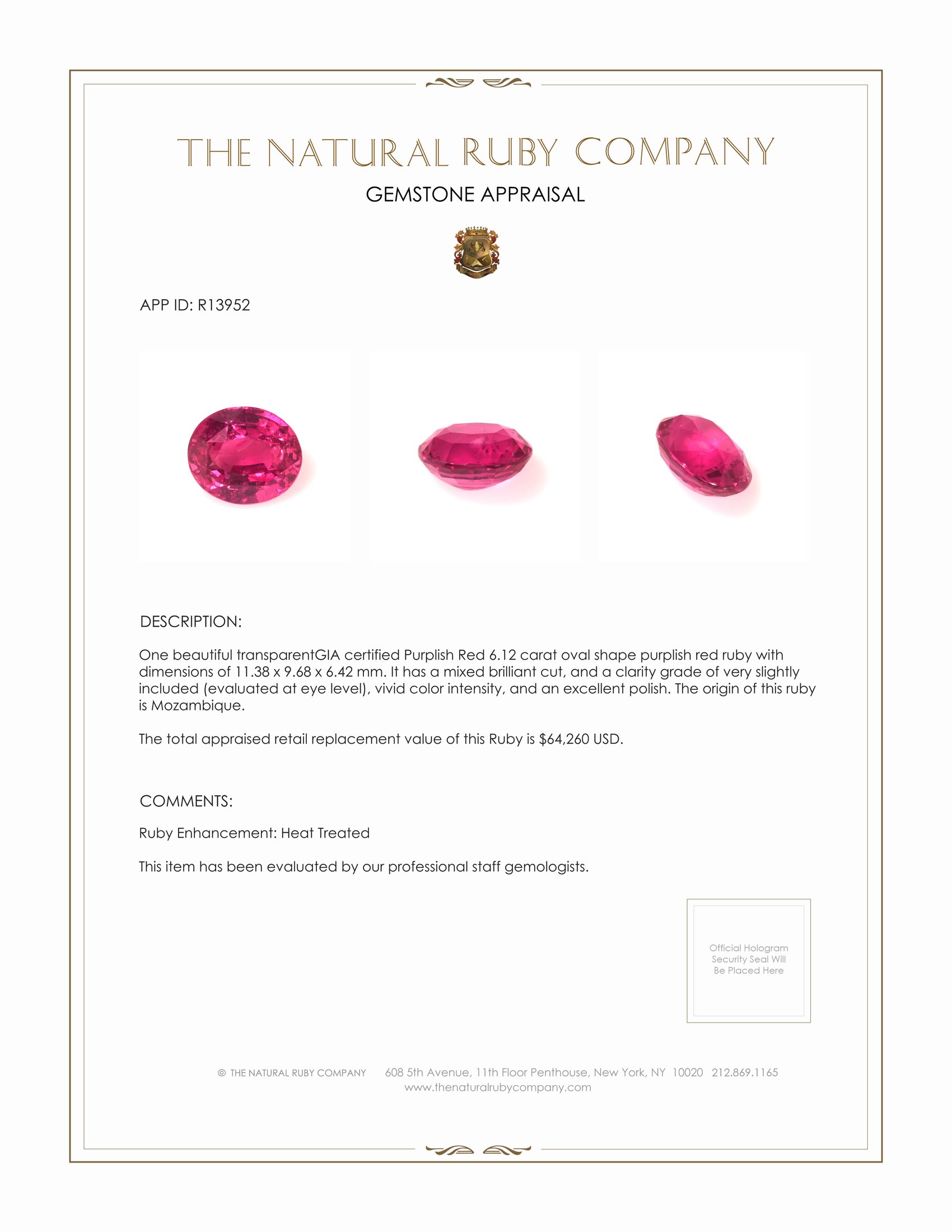 6.12 Ct. Ruby from Mozambique