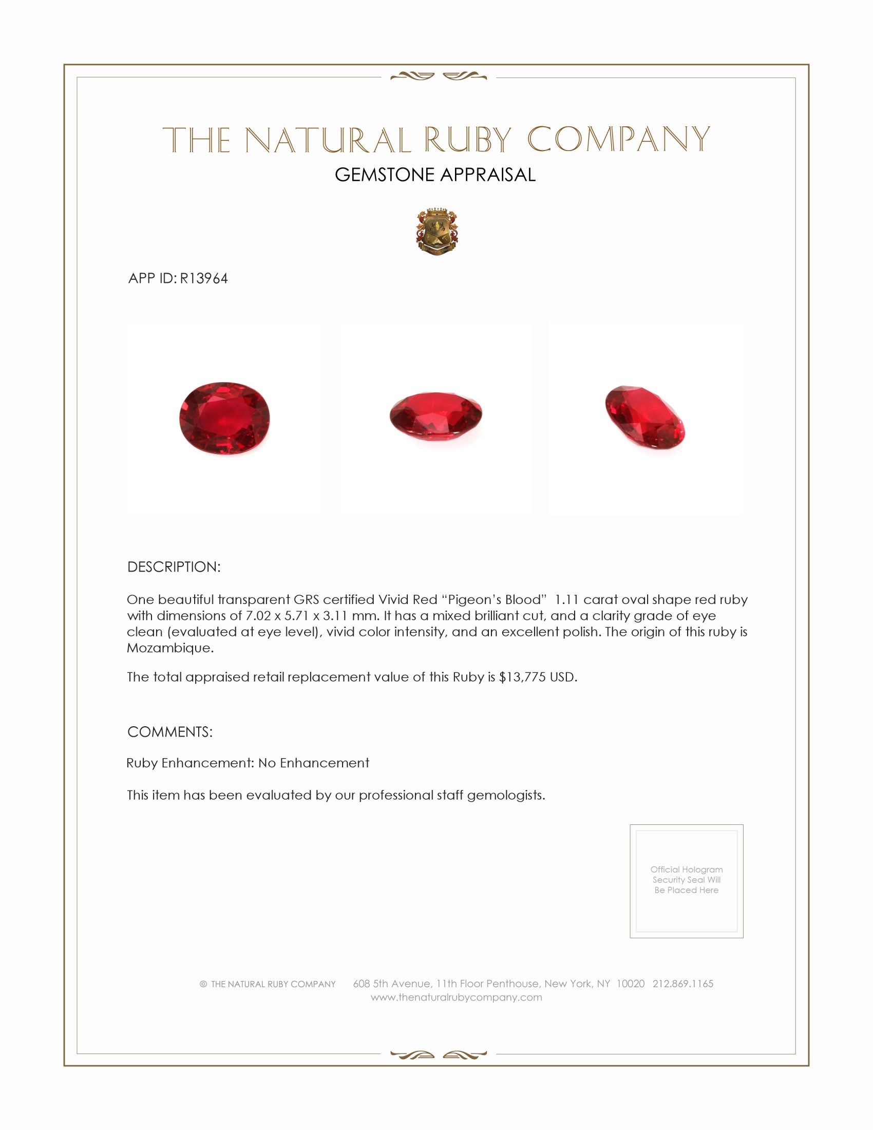 1.11 Ct. Ruby from Mozambique