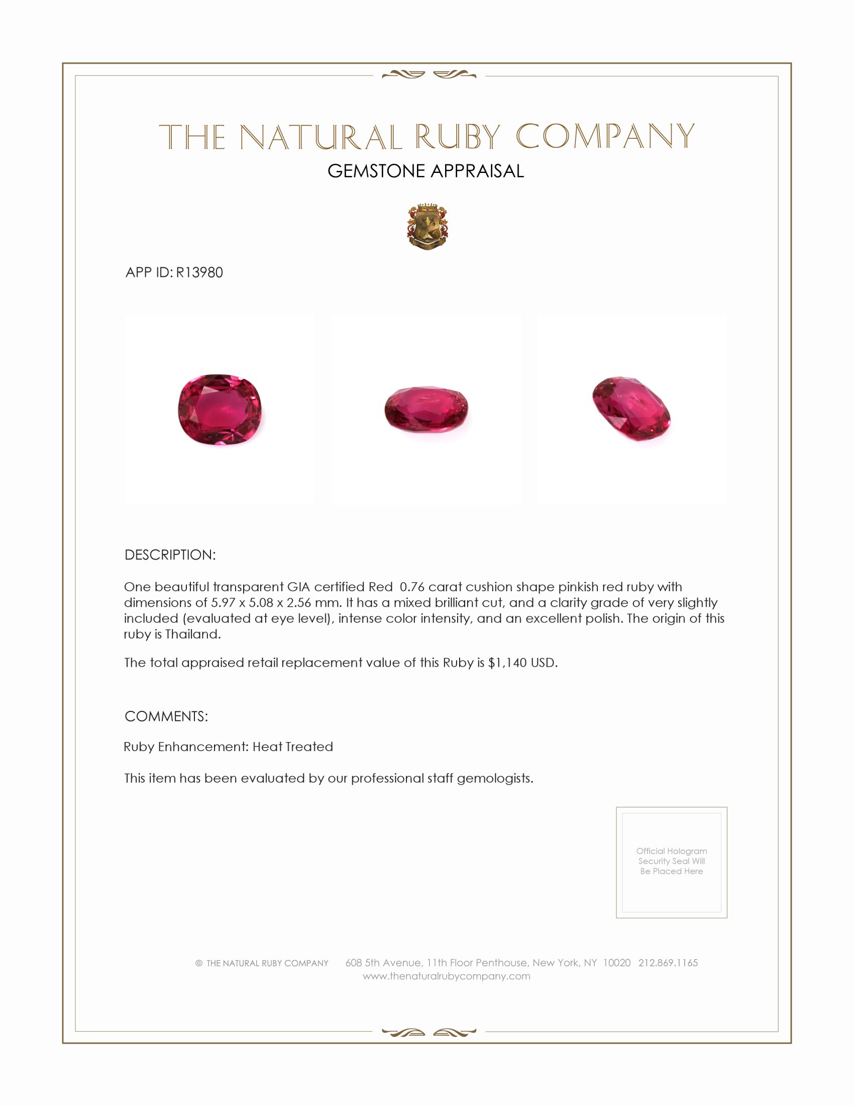 0.76 Ct. Ruby from Thailand