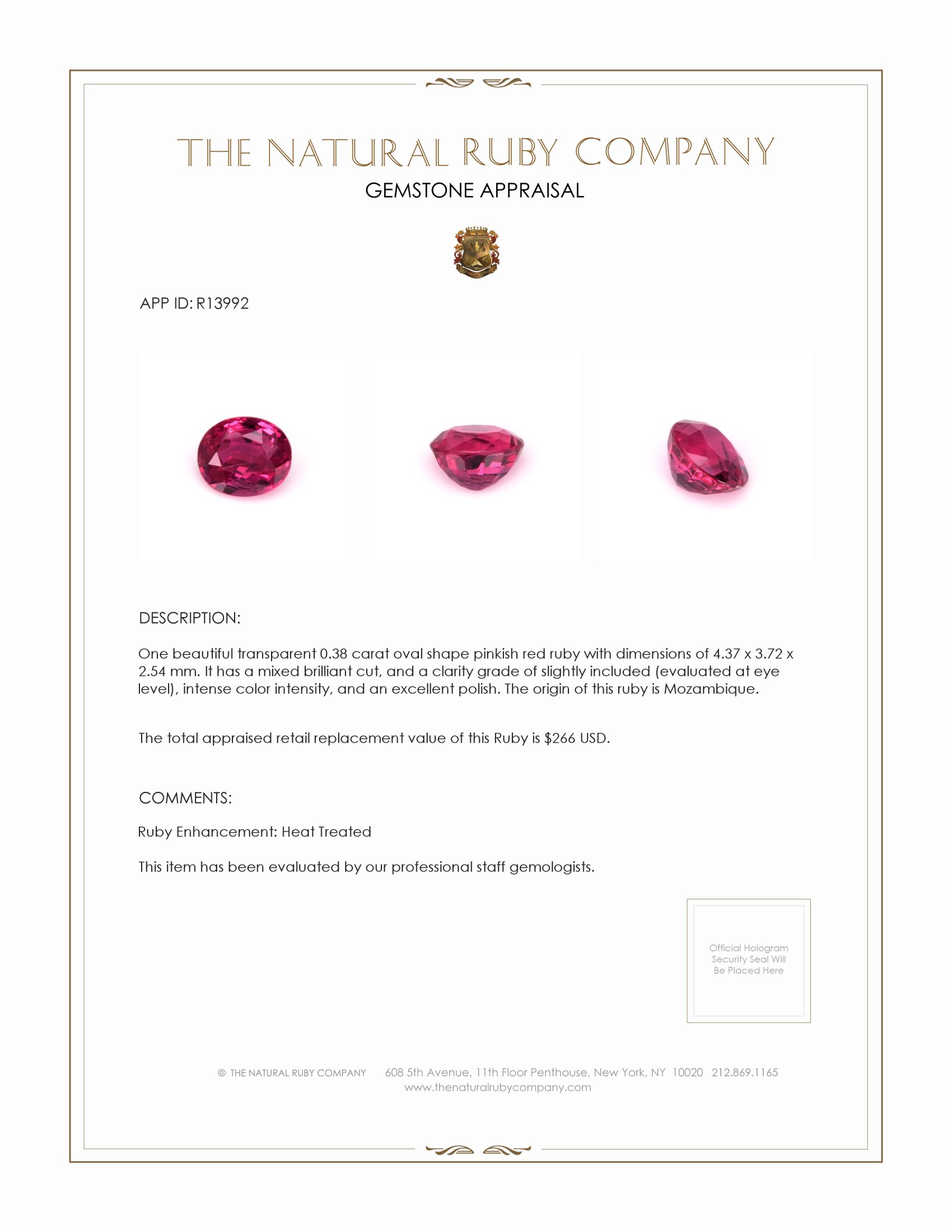 0.38 Ct. Pinkish Red Ruby from Mozambique
