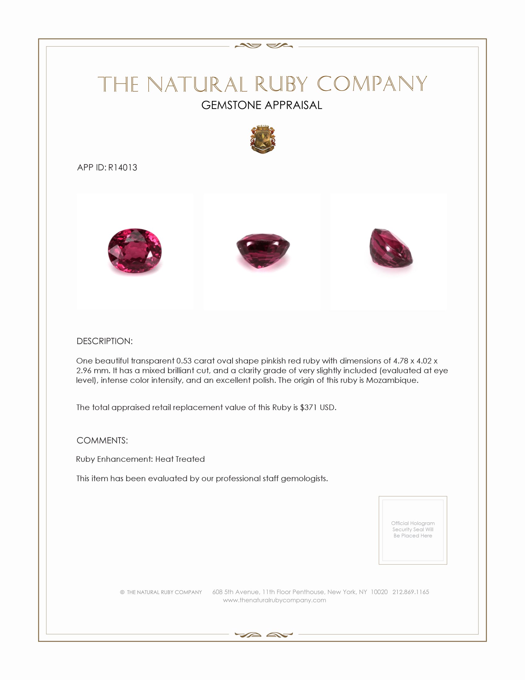 0.53 Ct. Pinkish Red Ruby from Mozambique