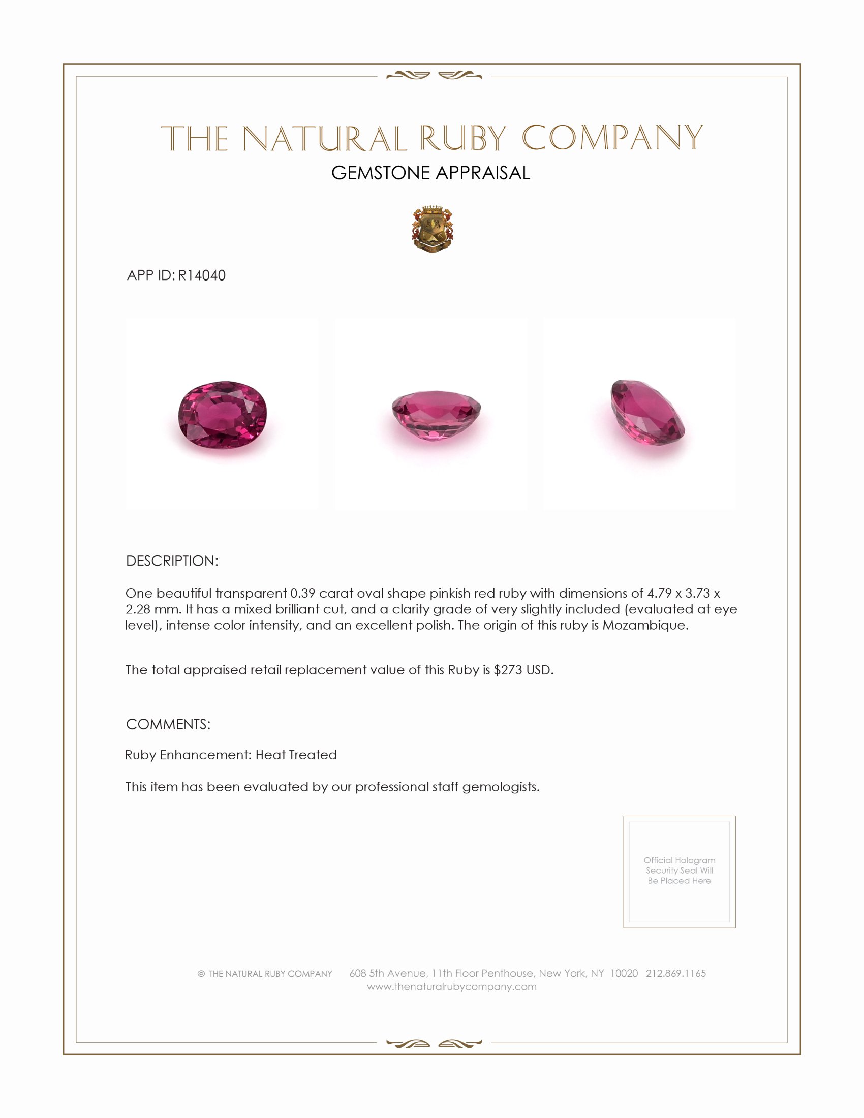 0.39 Ct. Ruby from Mozambique