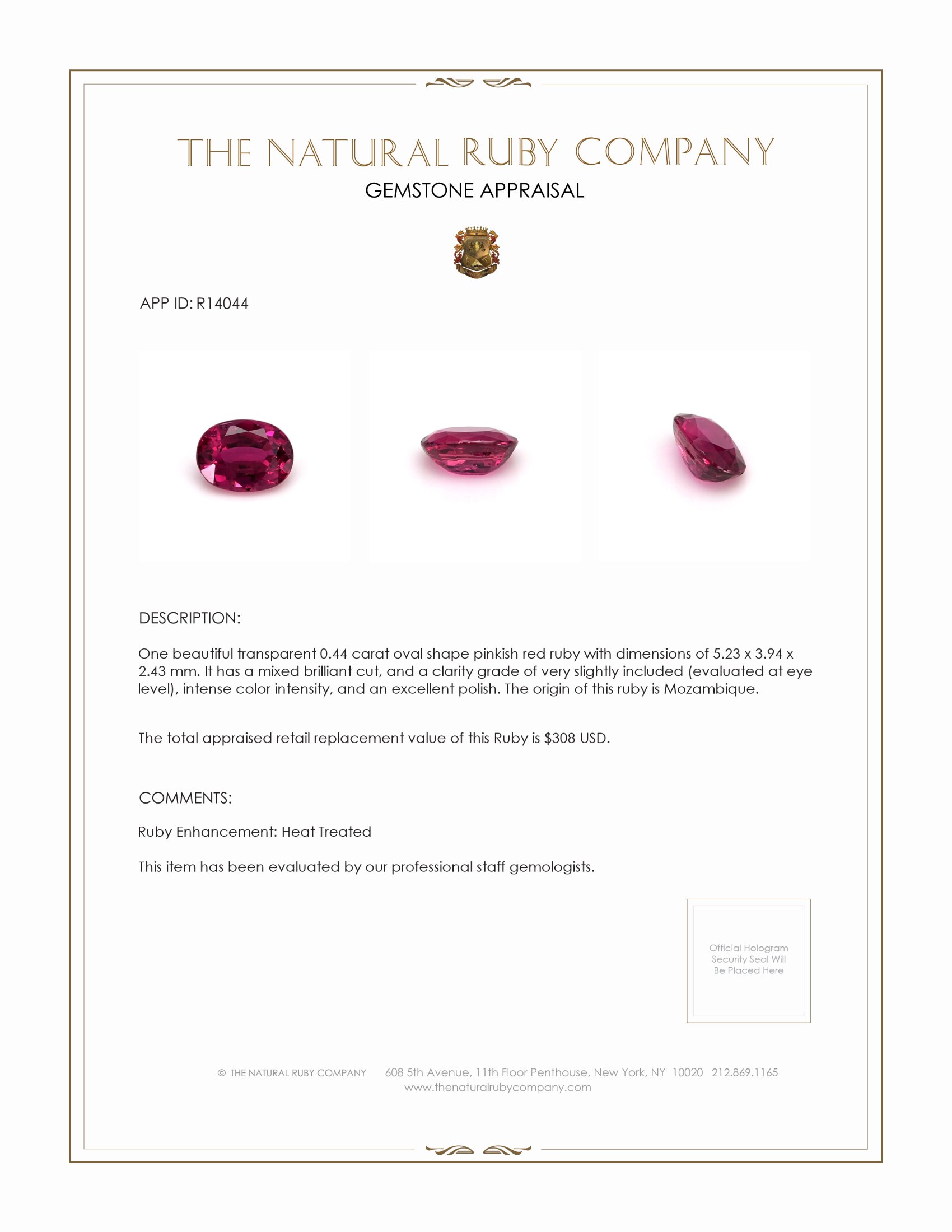 0.44 Ct. Pinkish Red Ruby from Mozambique