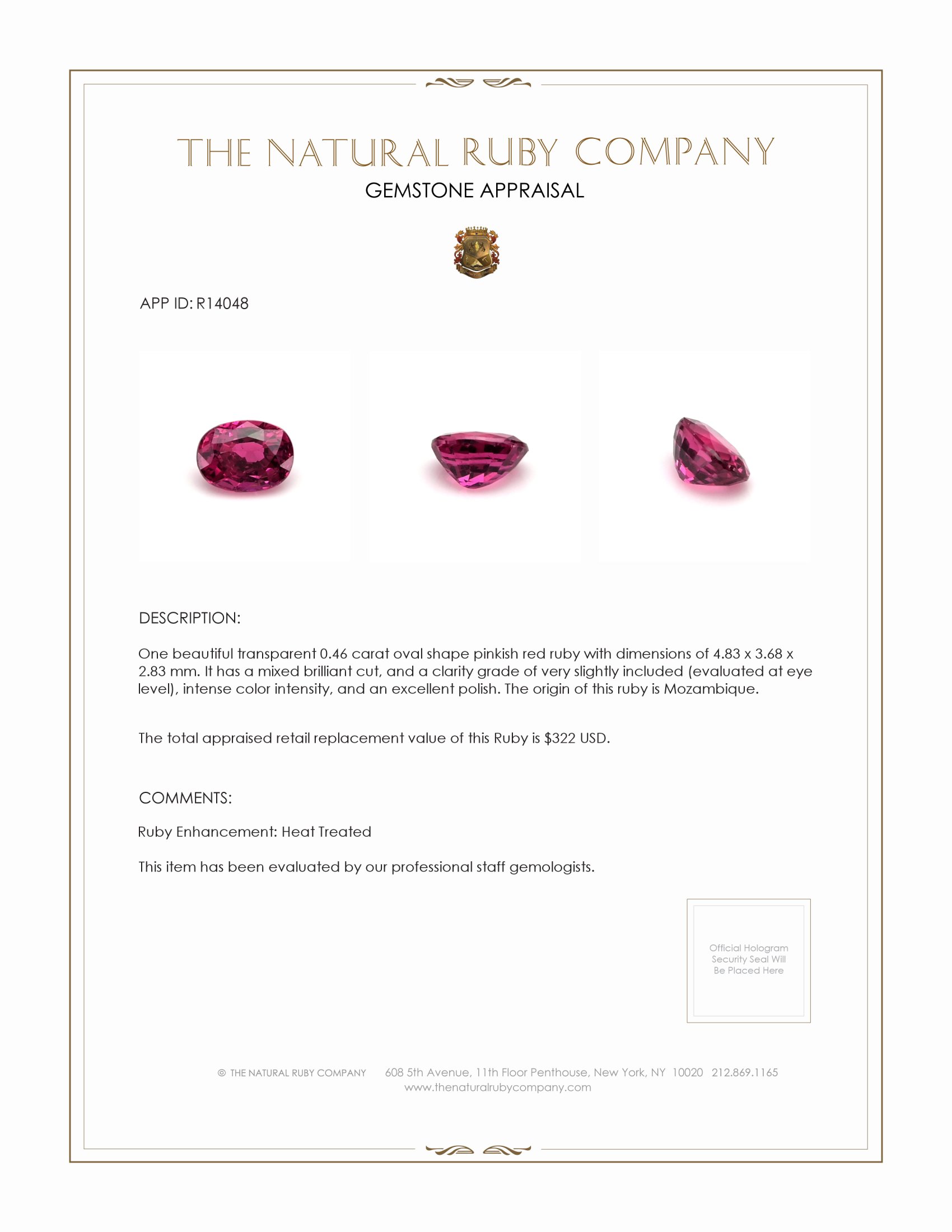 0.46 Ct. Pinkish Red Ruby from Mozambique