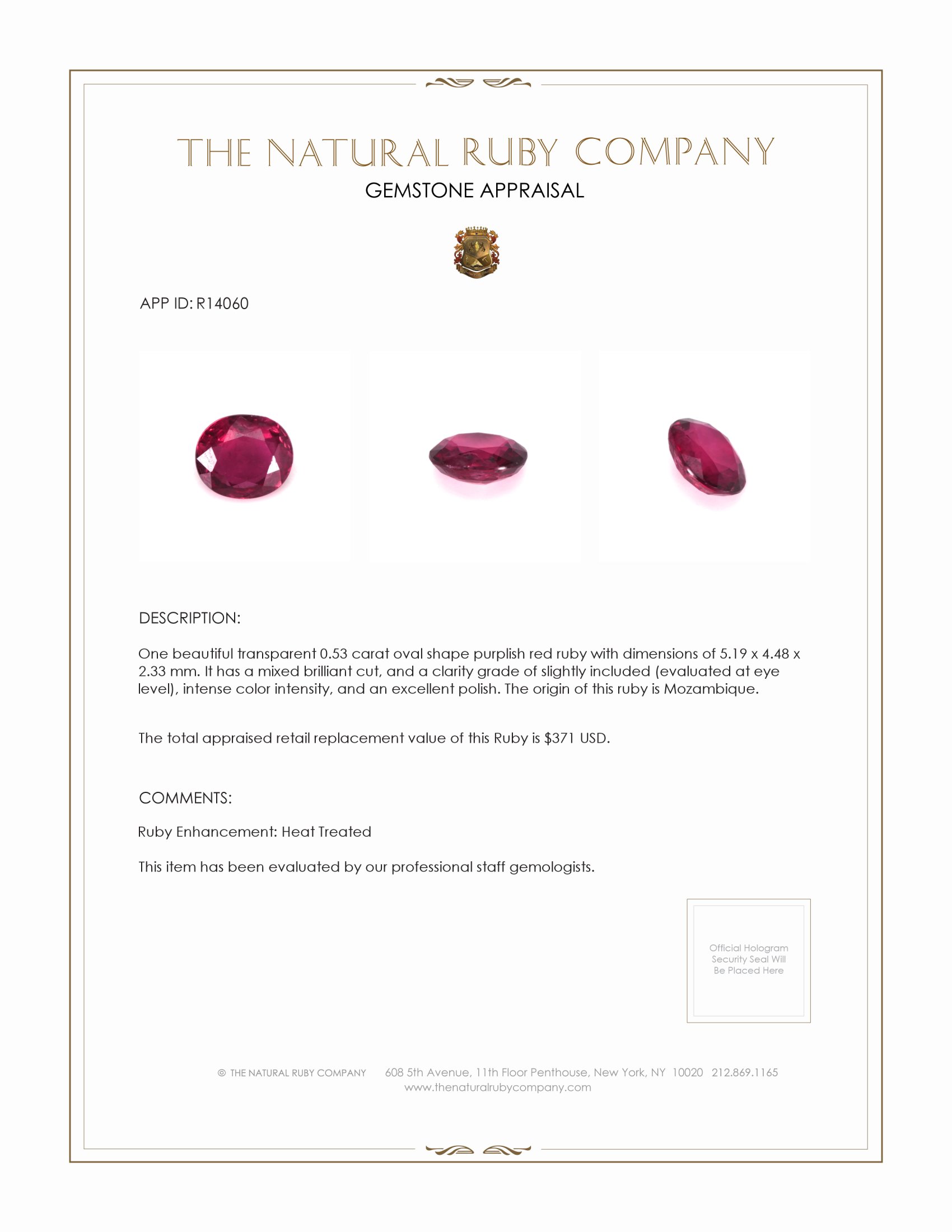 0.53 Ct. Purplish Red Ruby from Mozambique