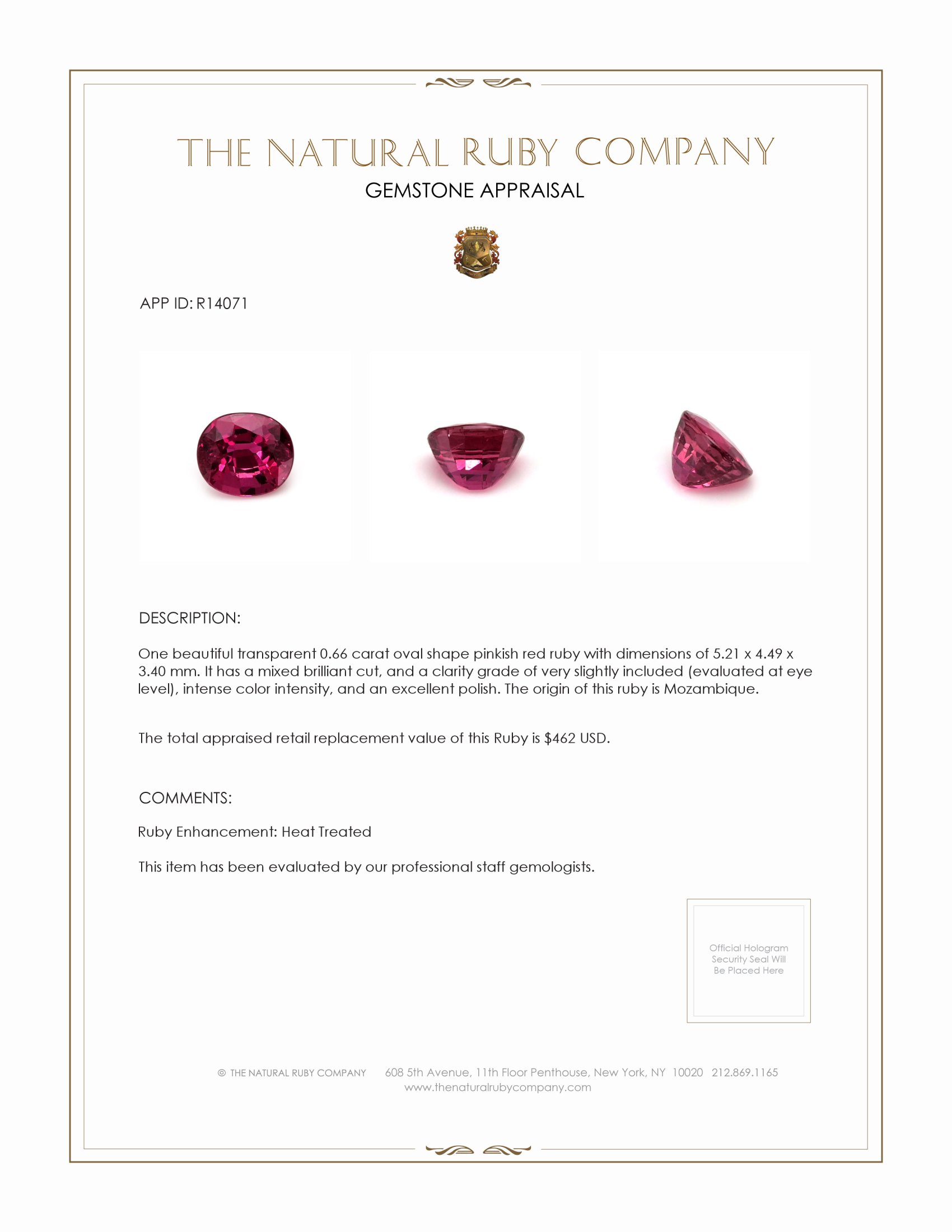 0.66 Ct. Pinkish Red Ruby from Mozambique