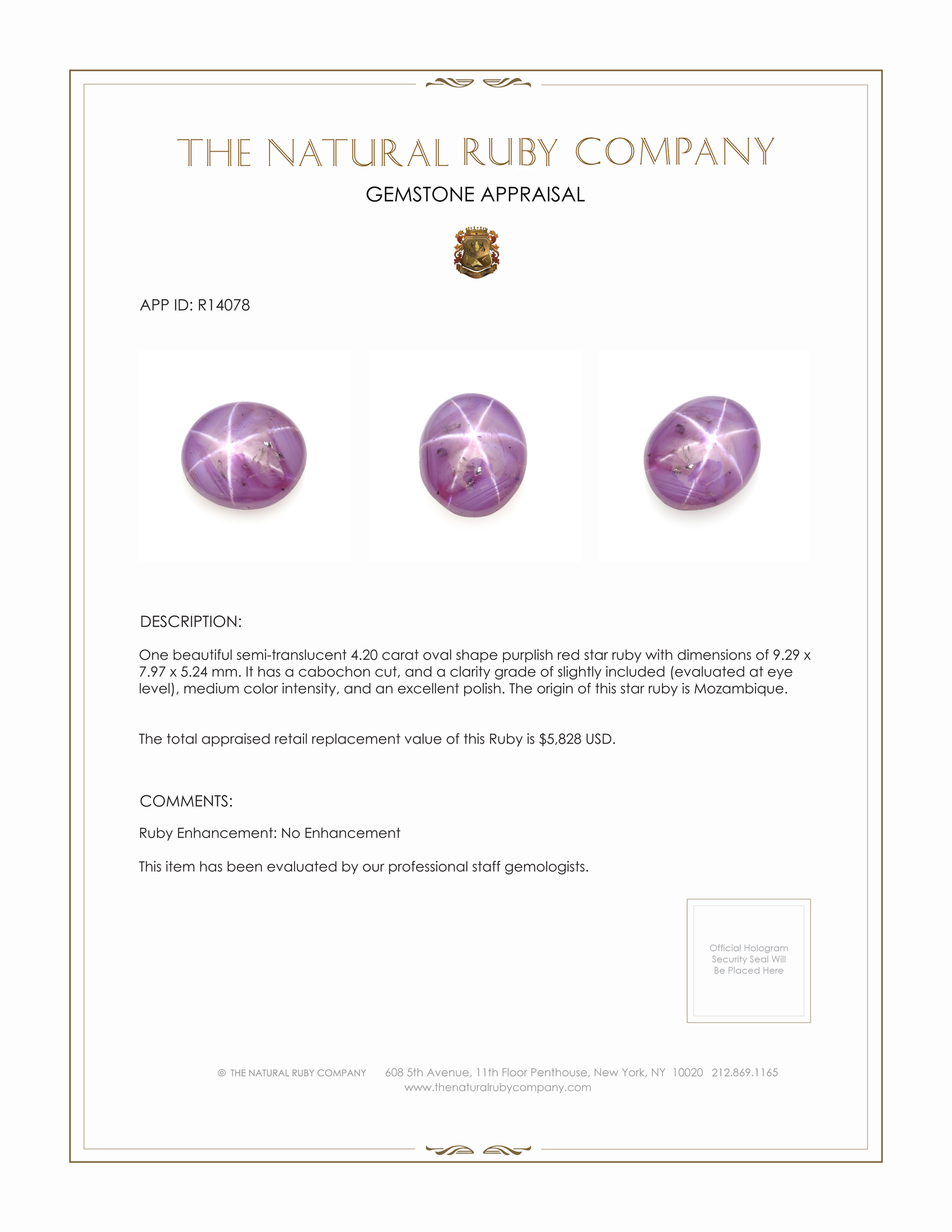 4.20 Ct. Star Ruby from Mozambique