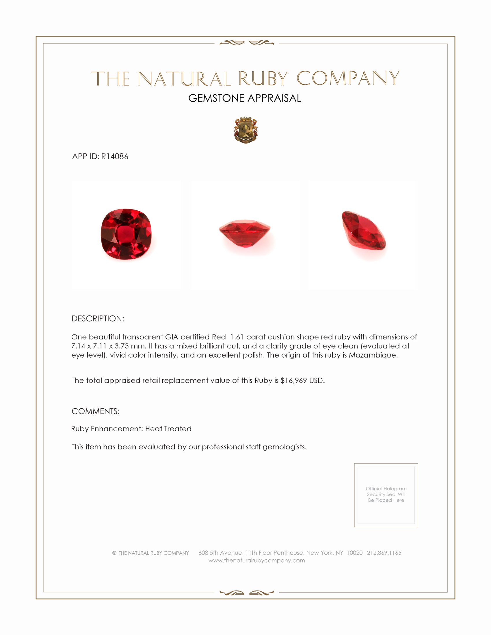 1.61 Ct. Ruby from Mozambique