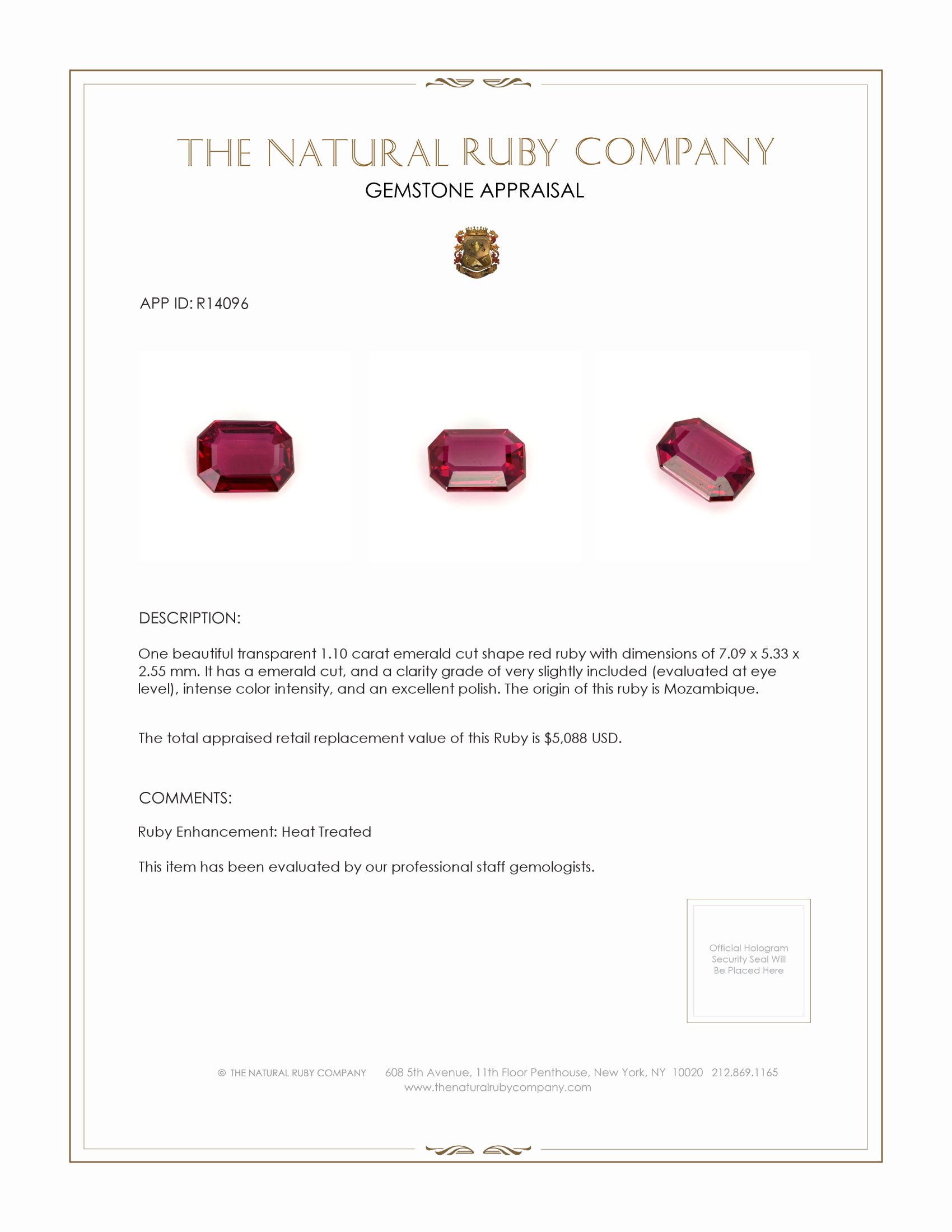 1.10 Ct. Ruby from Mozambique