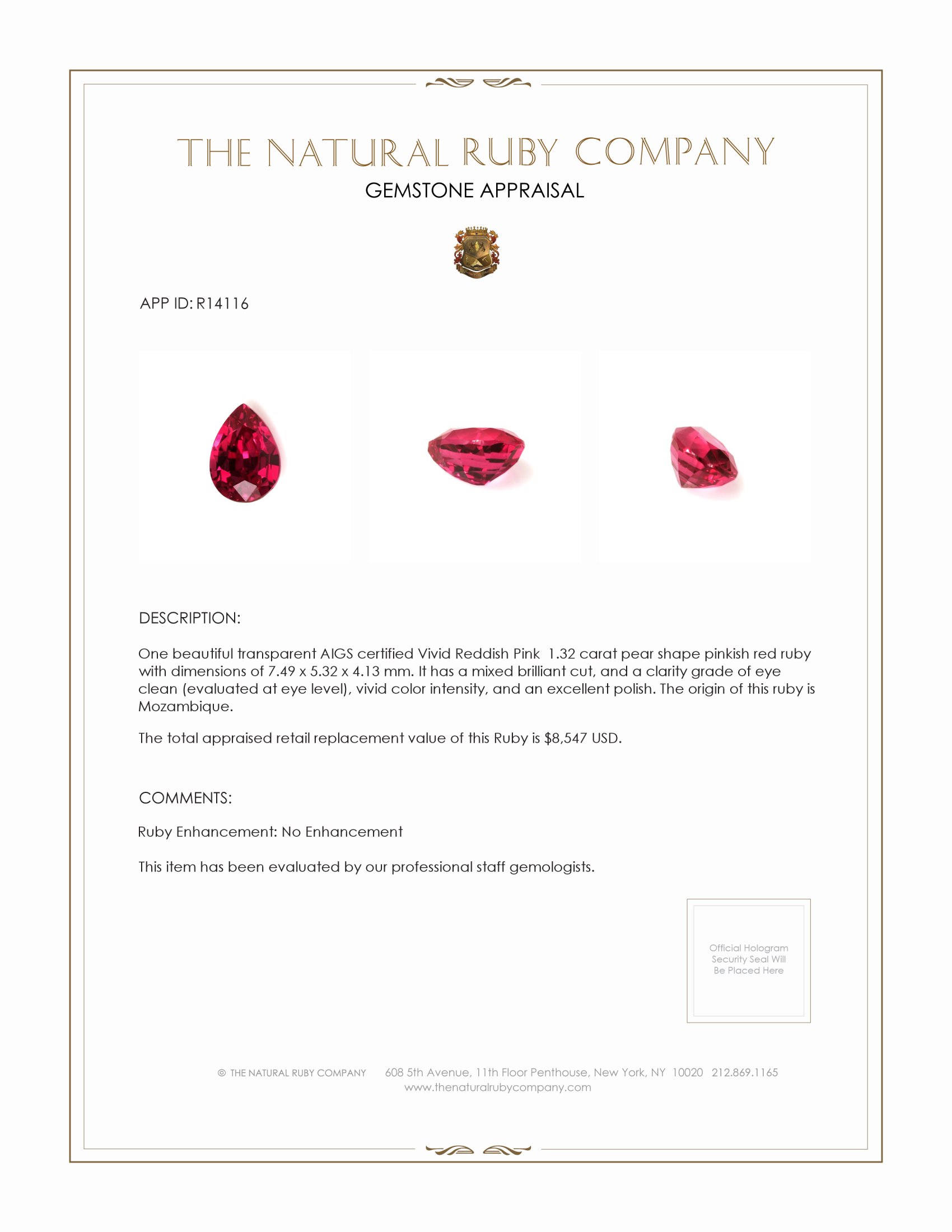 1.32 Ct. Ruby from Mozambique