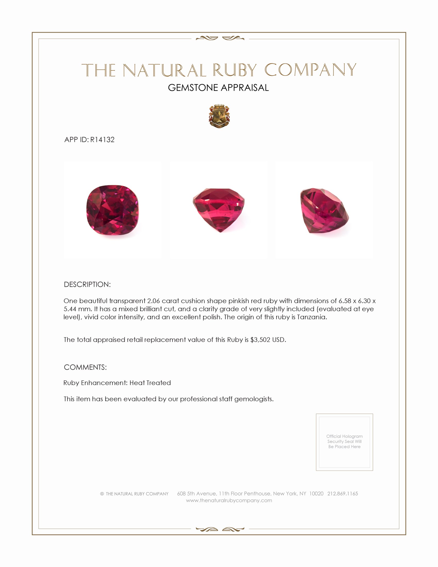 2.06 Ct. Ruby from Tanzania