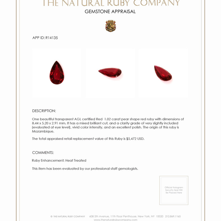 1.02 Ct. Ruby from Mozambique