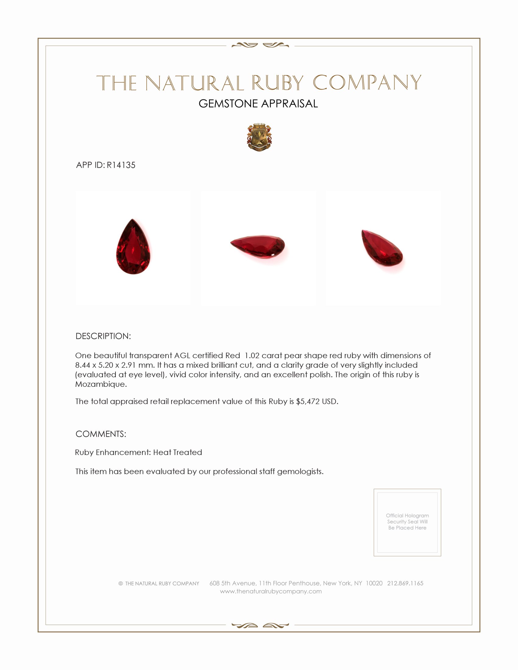 1.02 Ct. Ruby from Mozambique