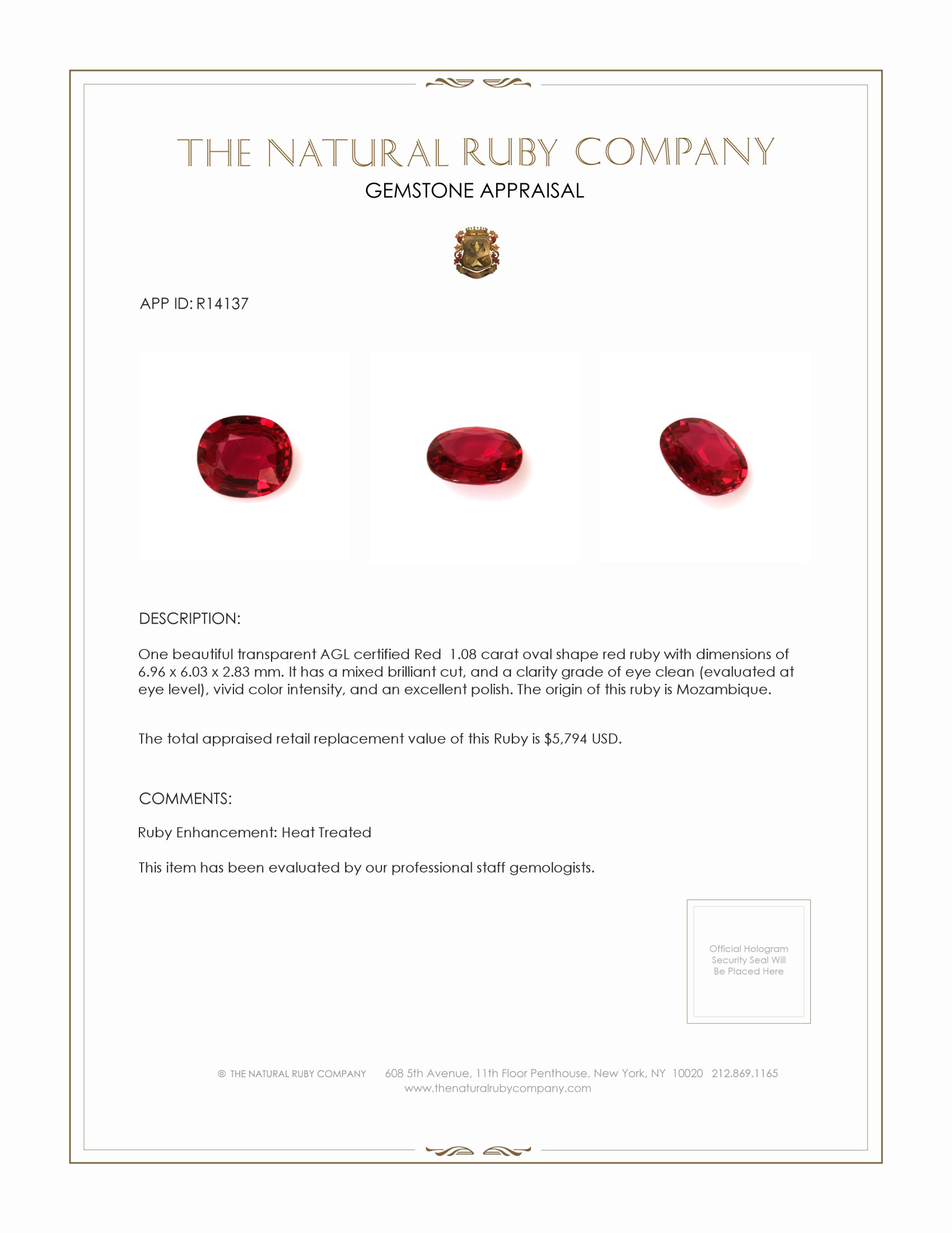 1.08 Ct. Ruby from Mozambique