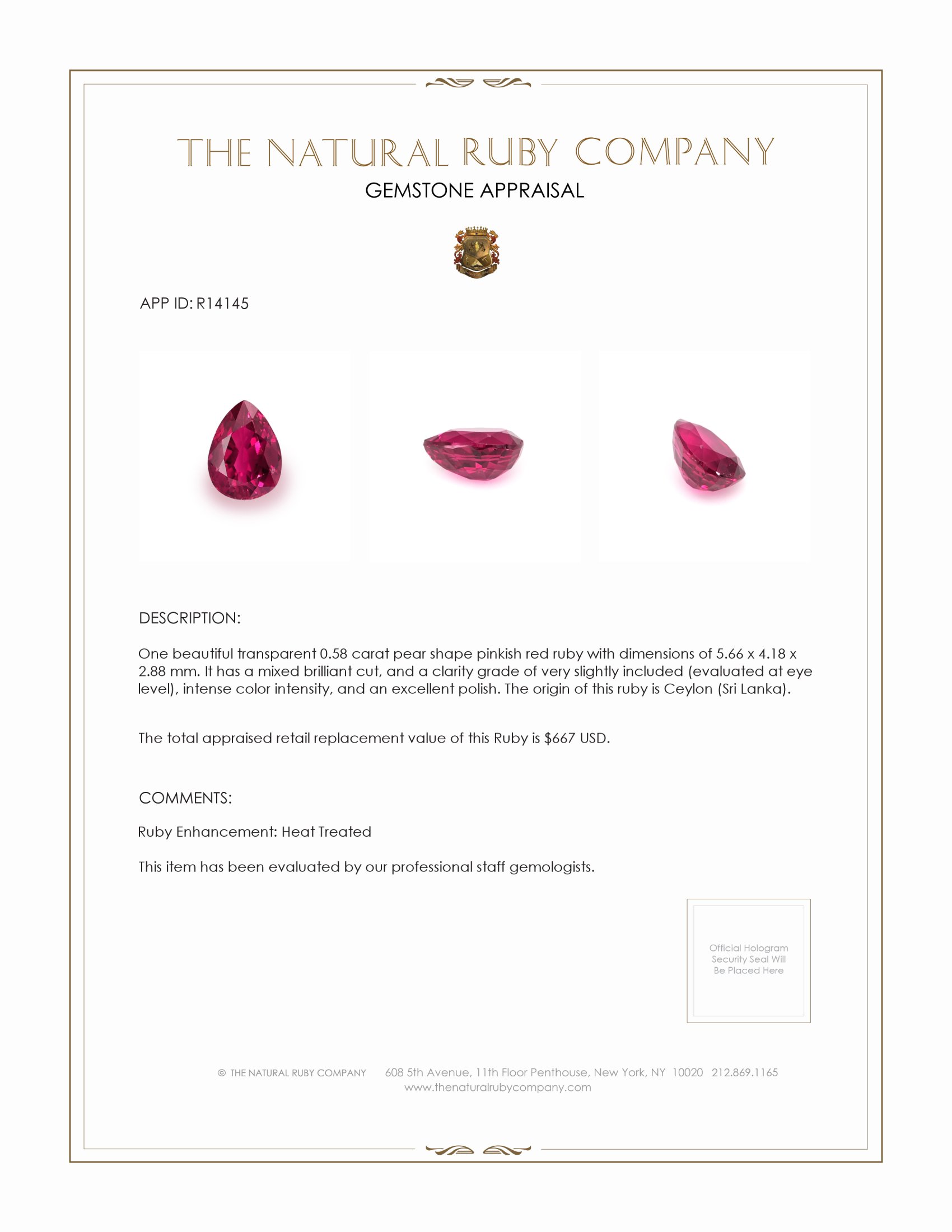 0.58 Ct. Ruby from Ceylon (Sri Lanka)