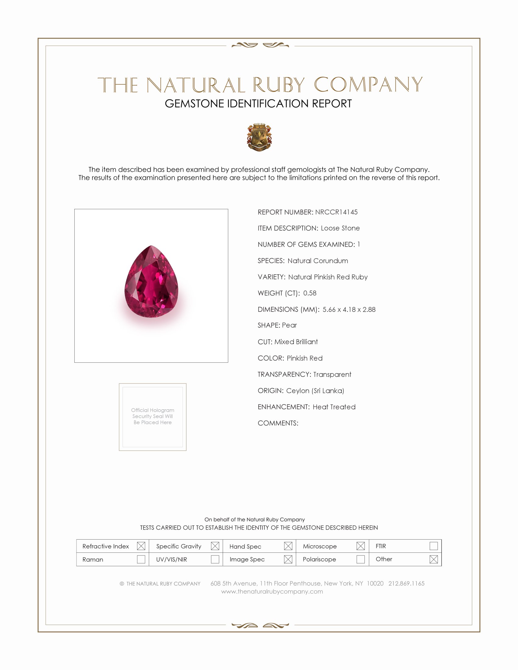 0.58 Ct. Ruby from Ceylon (Sri Lanka)