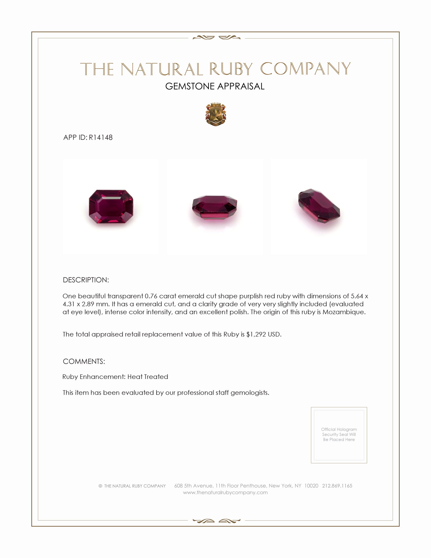 0.76 Ct. Ruby from Mozambique