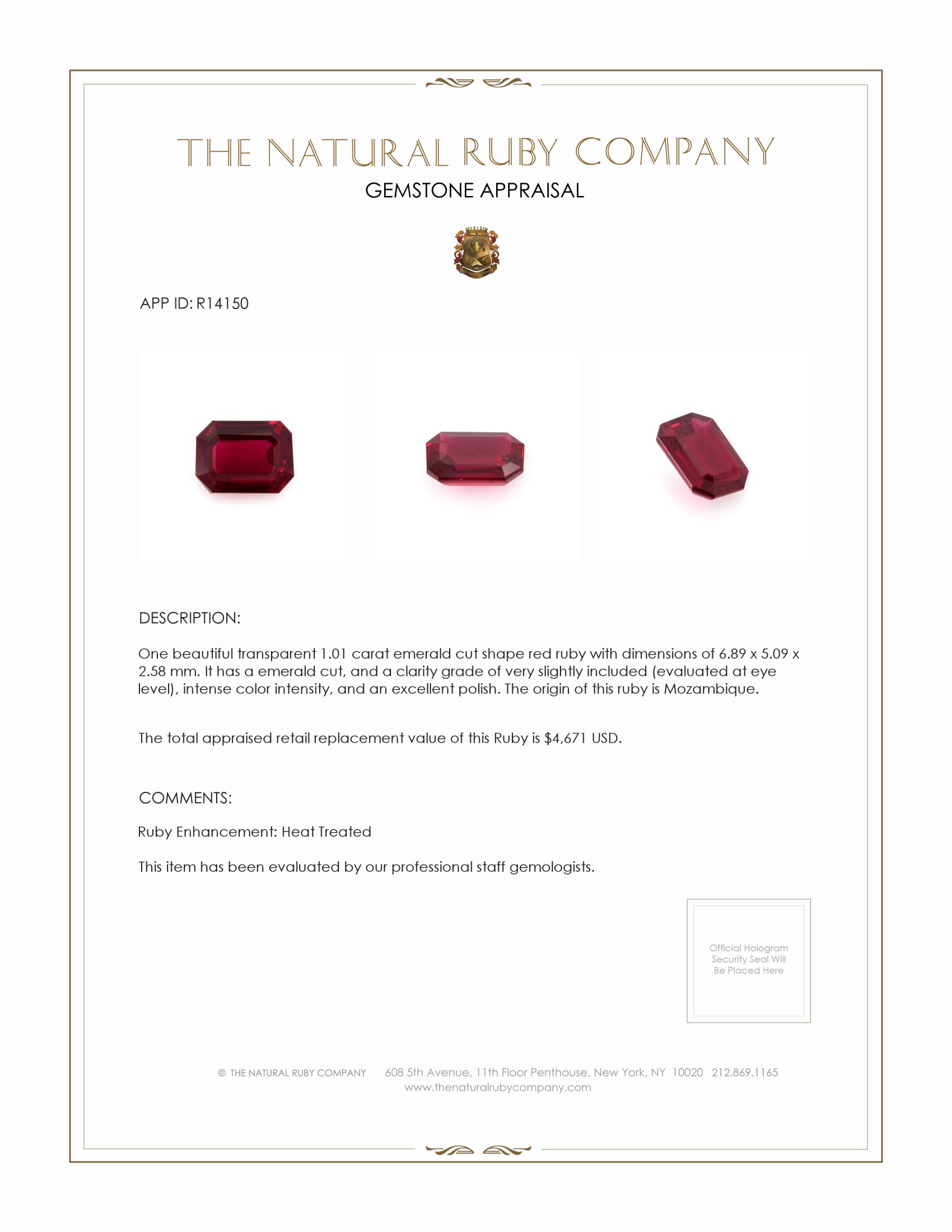 1.01 Ct. Ruby from Mozambique