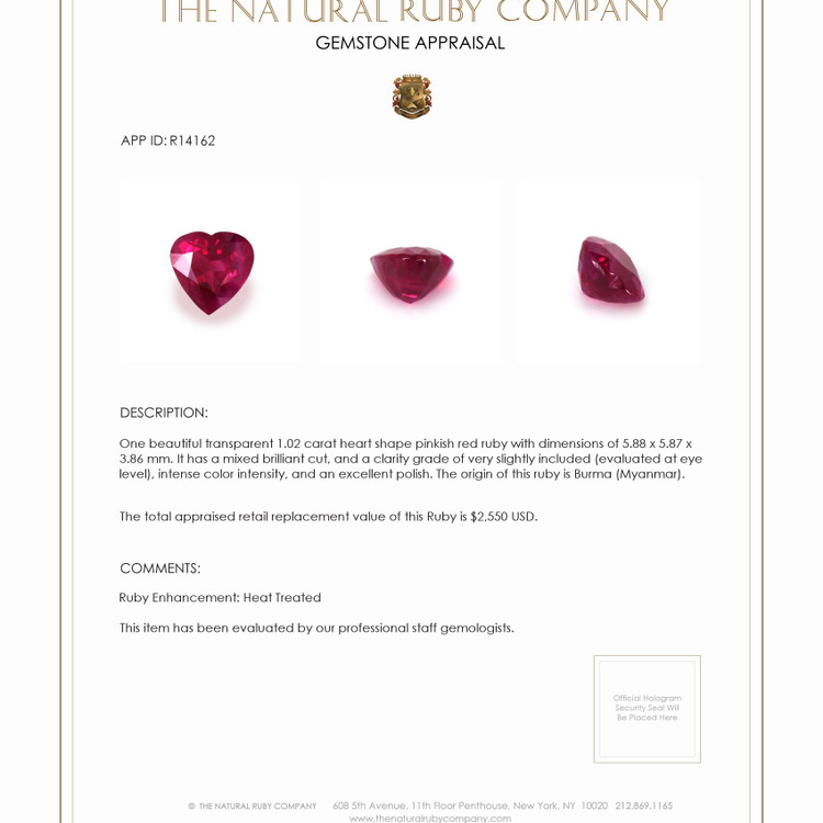 1.02 Ct. Ruby from Burma (Myanmar)