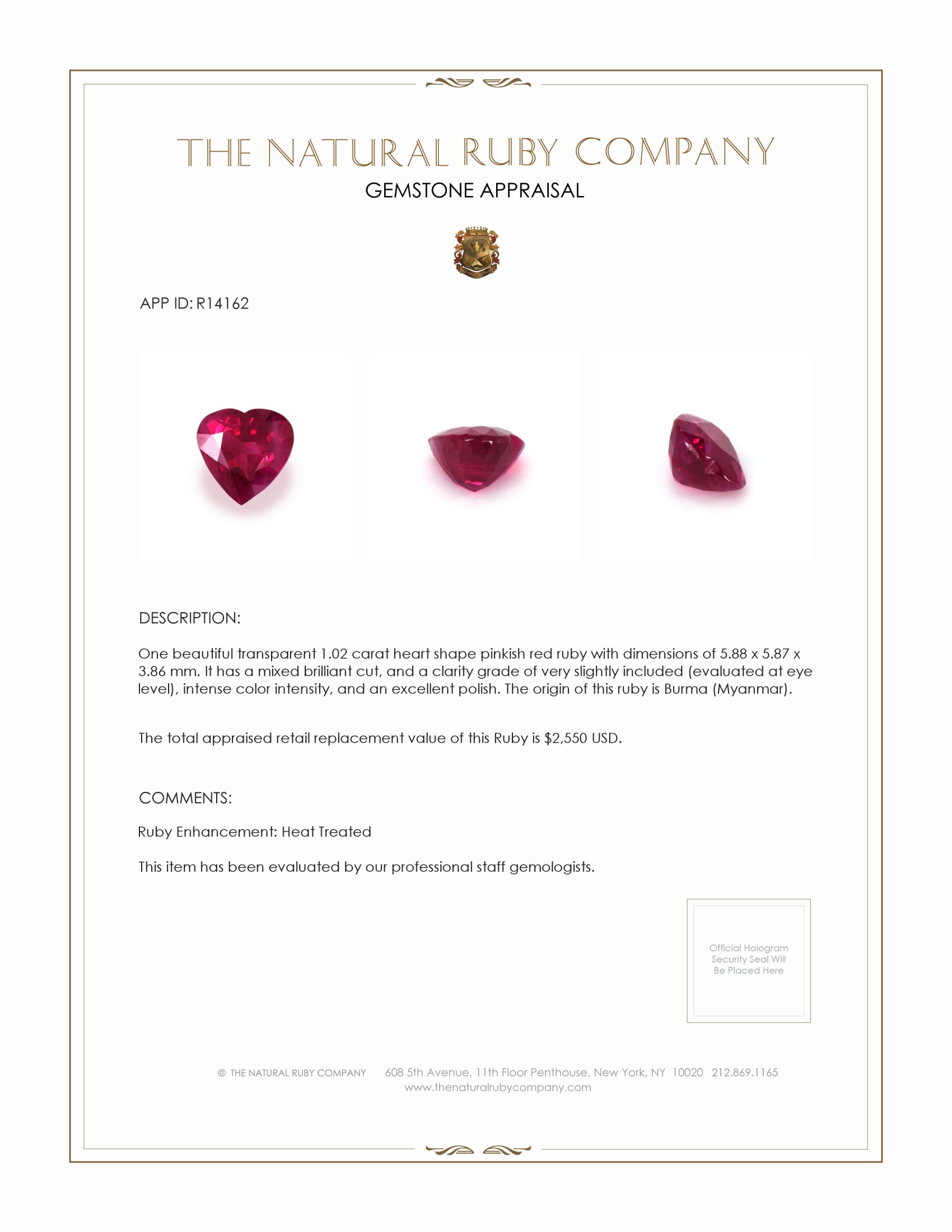 1.02 Ct. Ruby from Burma (Myanmar)