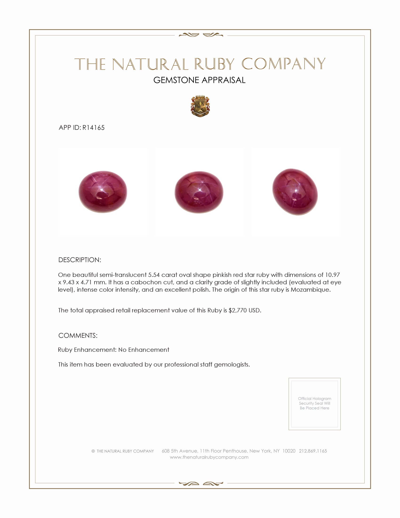 5.54 Ct. Star Ruby from Mozambique