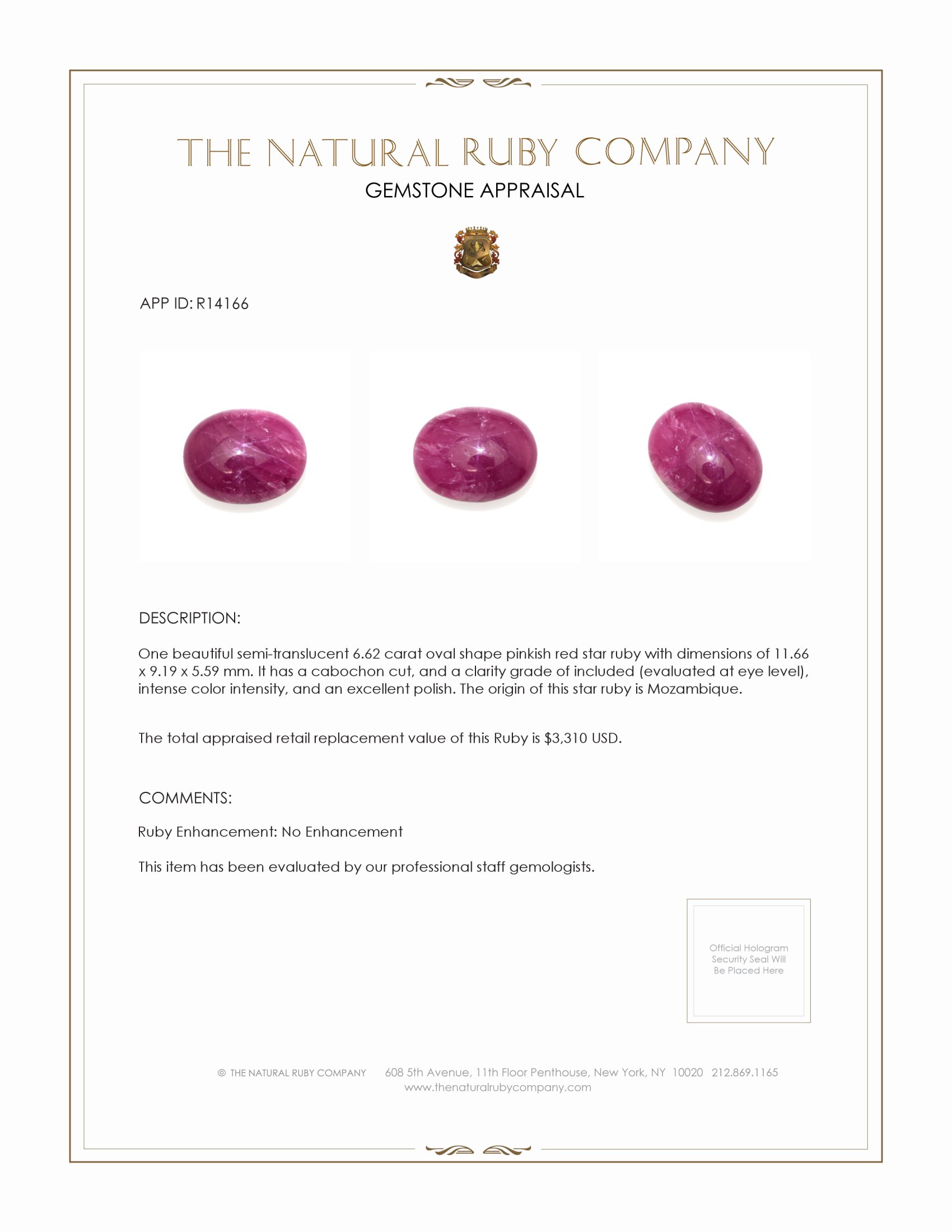 6.62 Ct. Pinkish Red Star Ruby from Mozambique