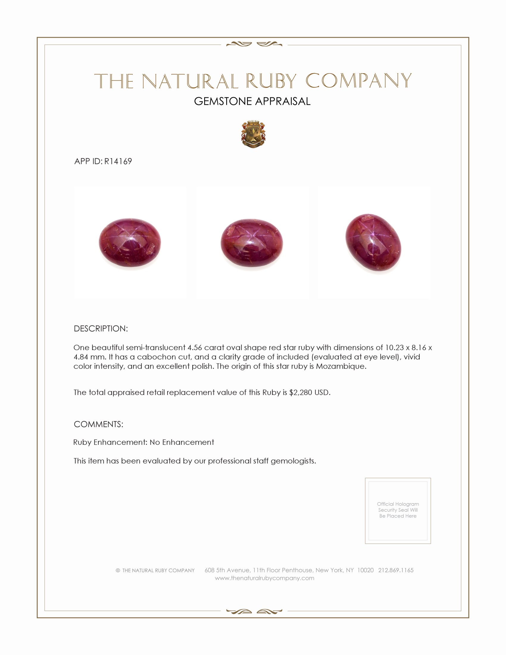 4.56 Ct. Star Ruby from Mozambique