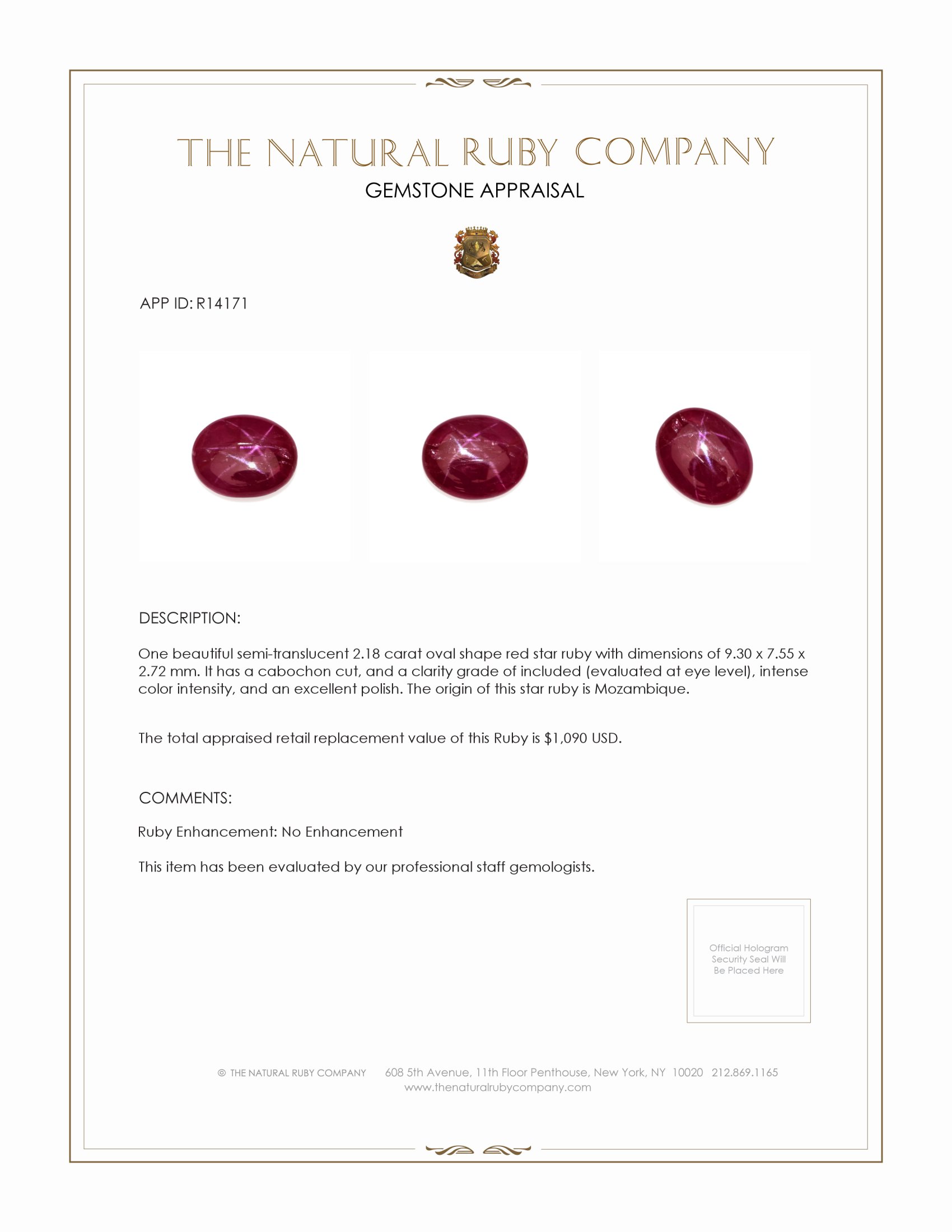 2.18 Ct. Star Ruby from Mozambique