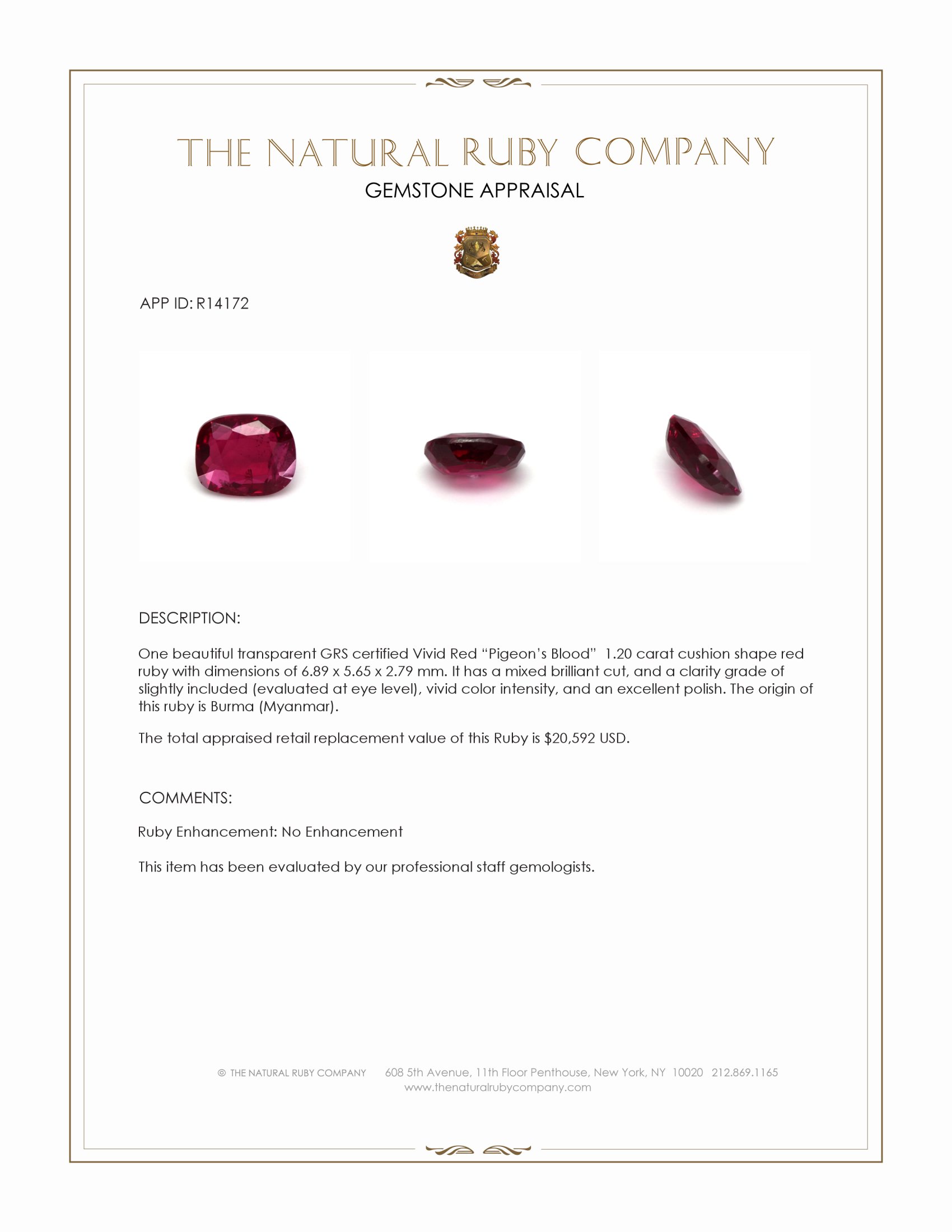 1.20 Ct. Ruby from Burma (Myanmar)