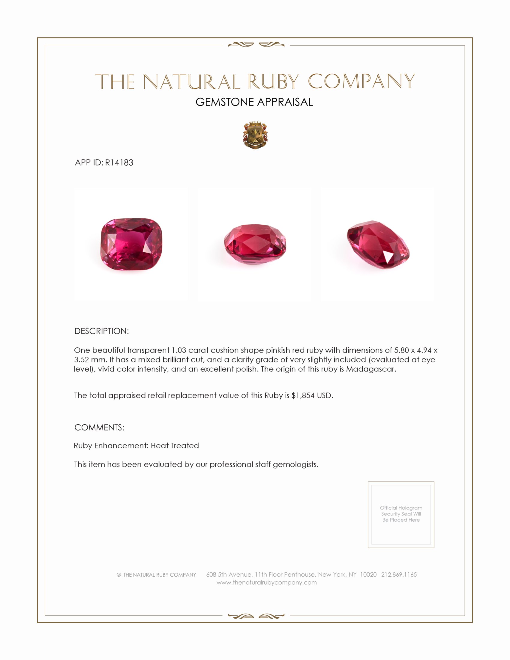 1.03 Ct. Ruby from Madagascar