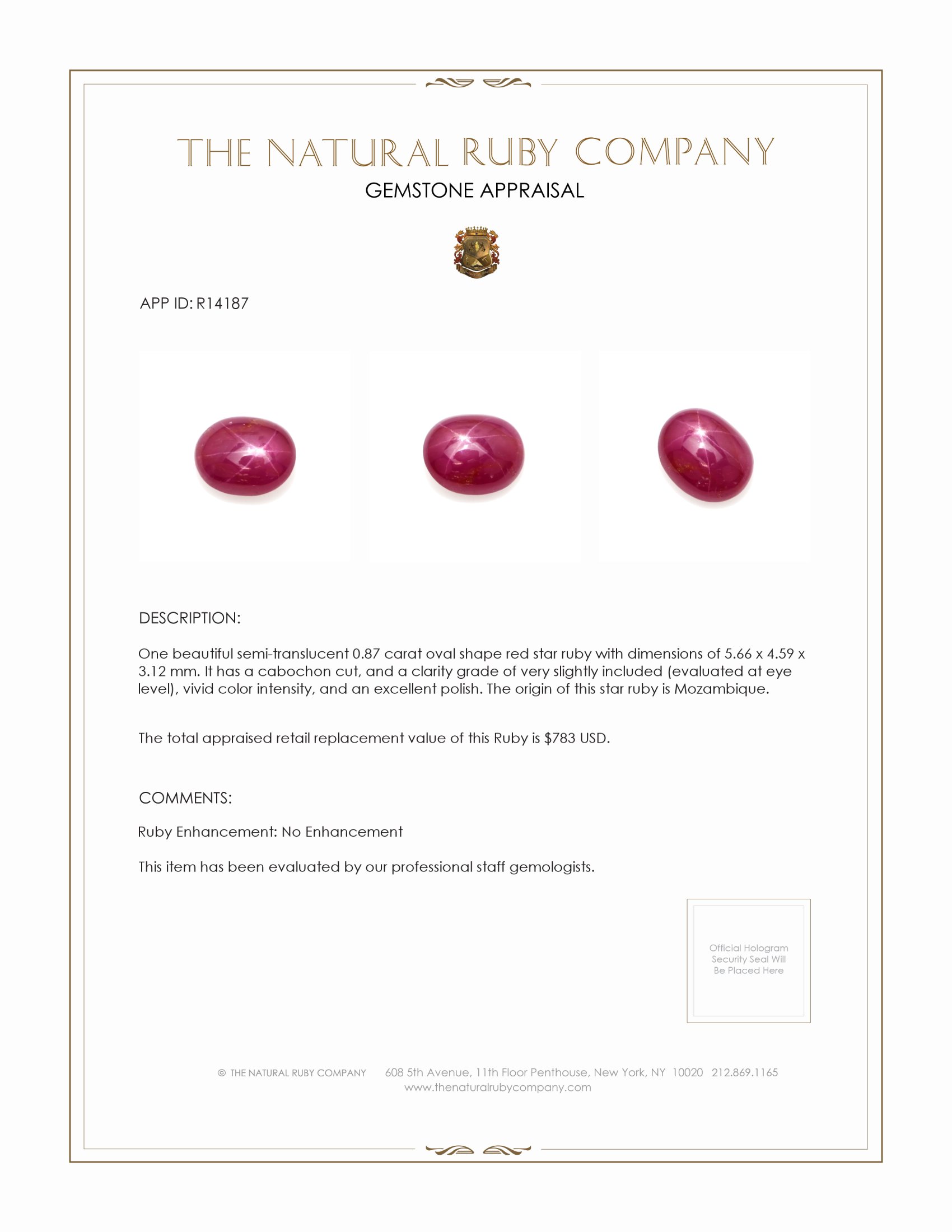 0.87 Ct. Star Ruby from Mozambique