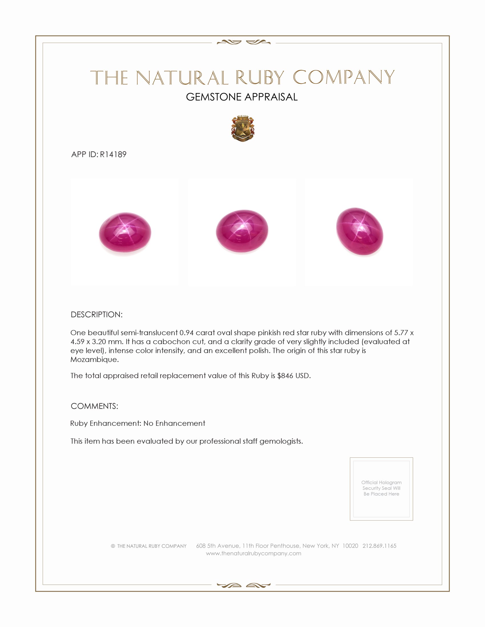 0.94 Ct. Pinkish Red Star Ruby from Mozambique