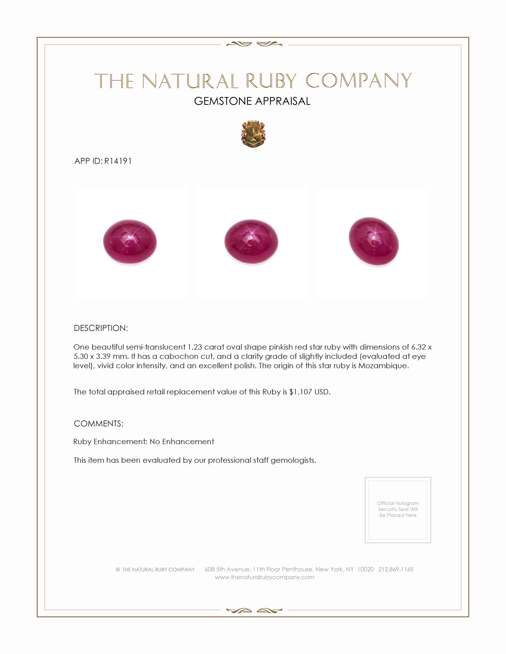 1.23 Ct. Star Ruby from Mozambique