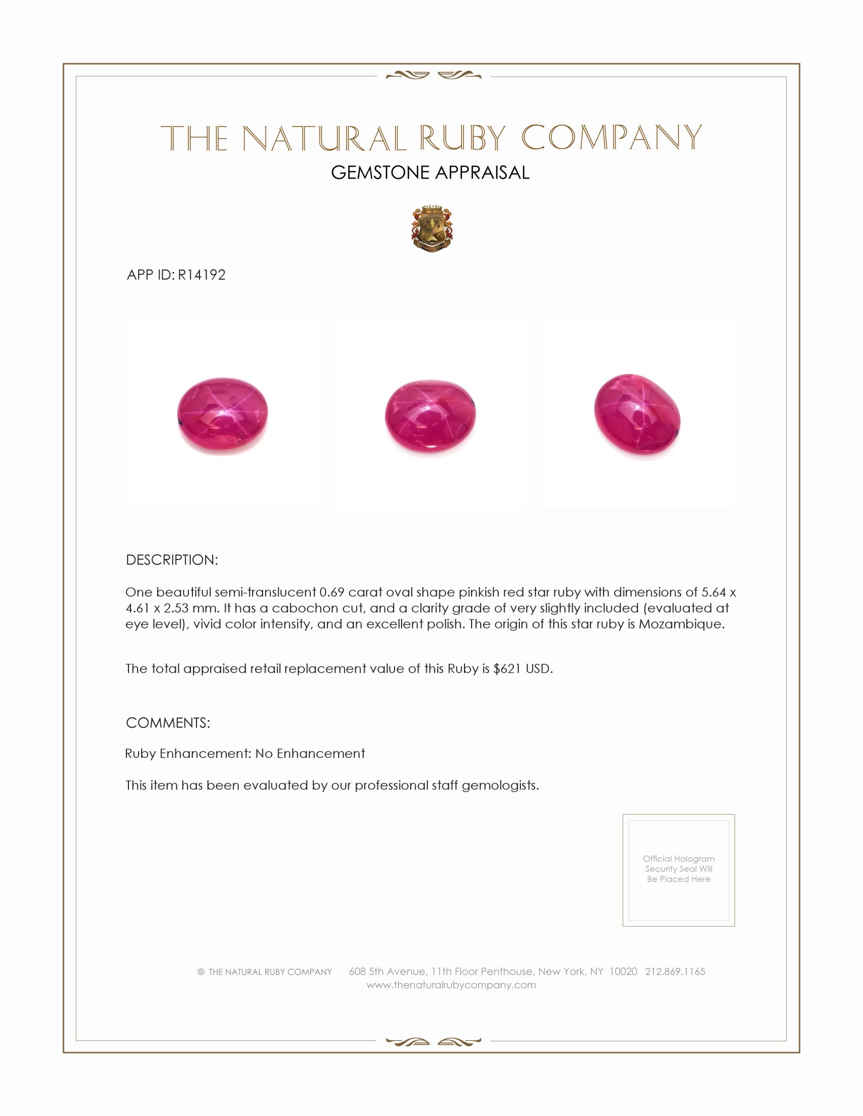 0.69 Ct. Pinkish Red Star Ruby from Mozambique