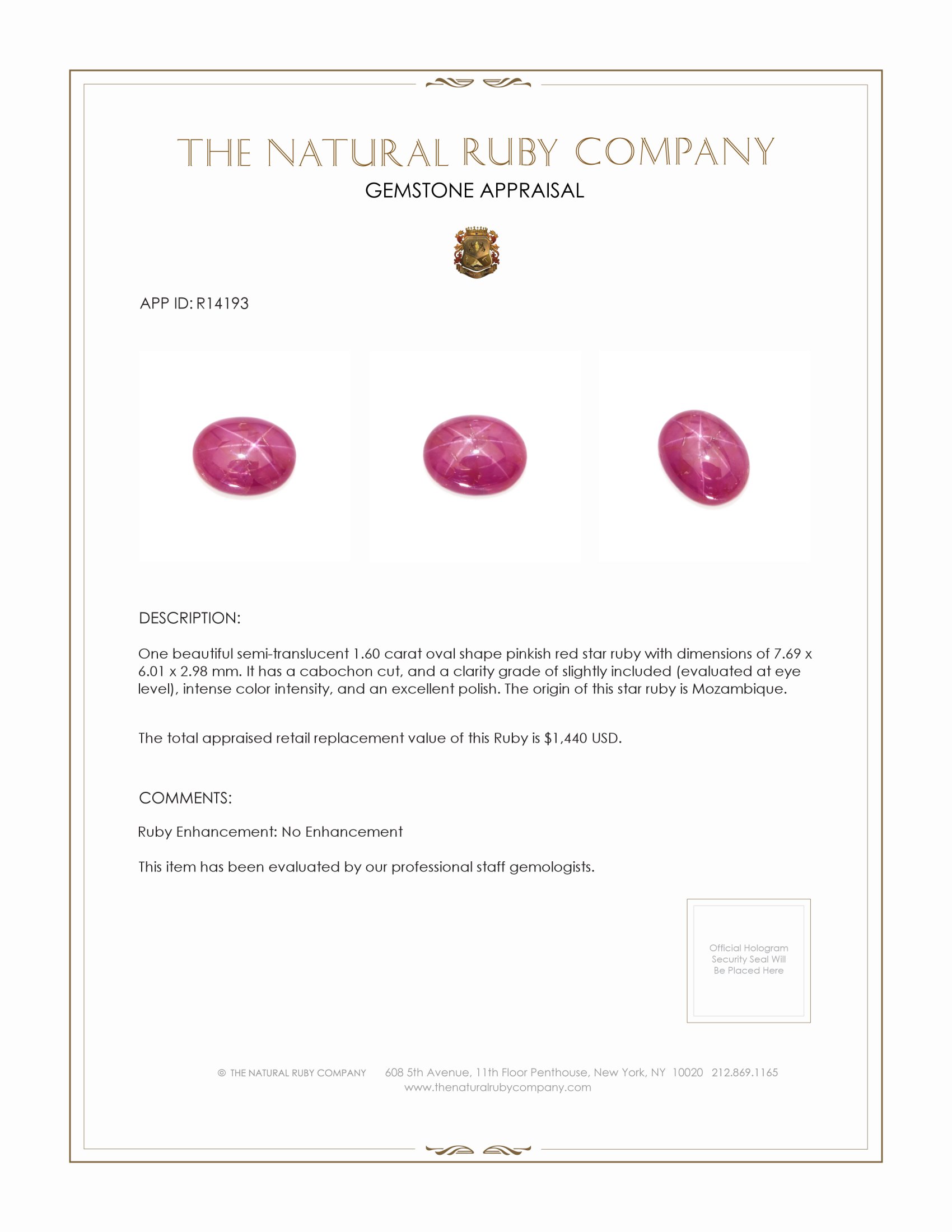 1.60 Ct. Pinkish Red Star Ruby from Mozambique