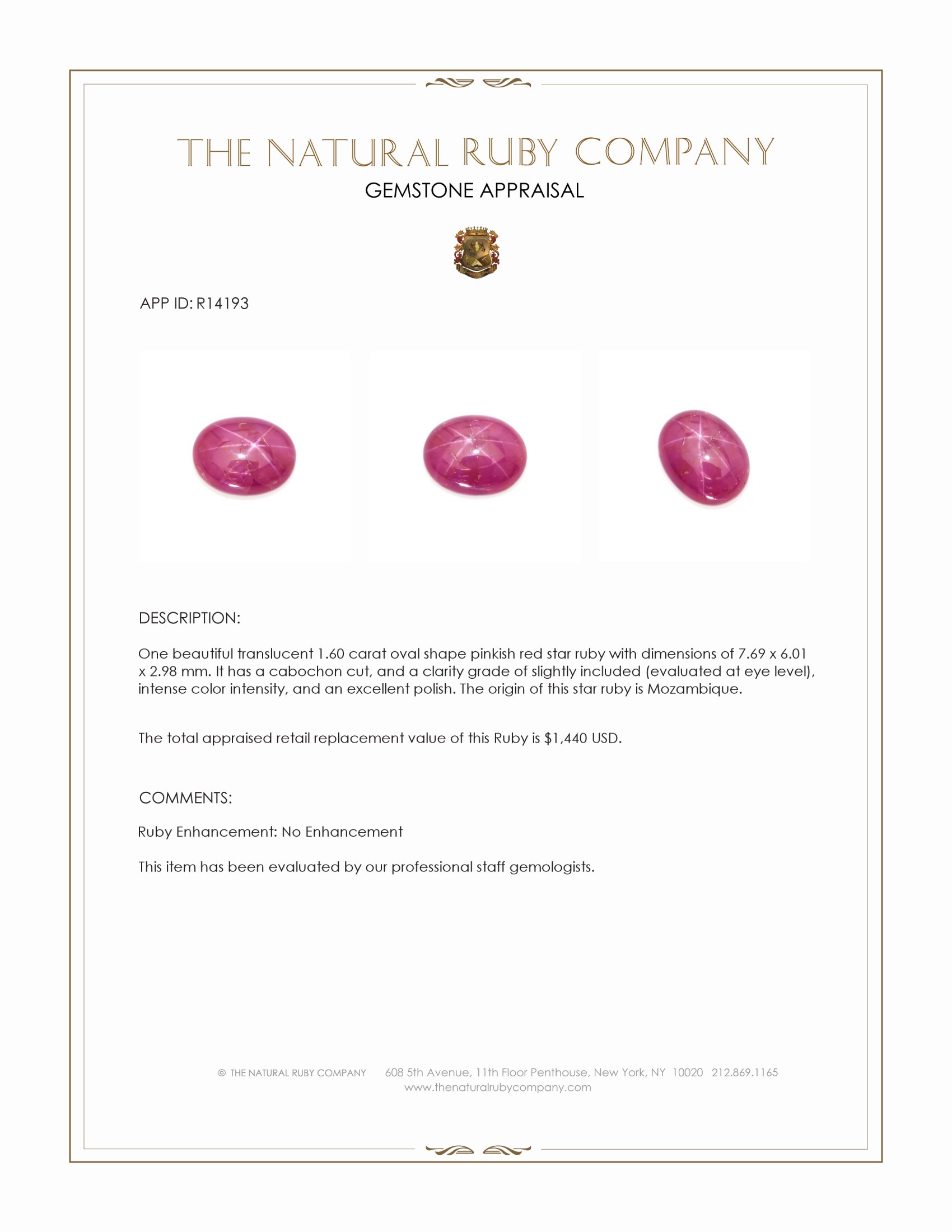 1.60 Ct. Star Ruby from Mozambique