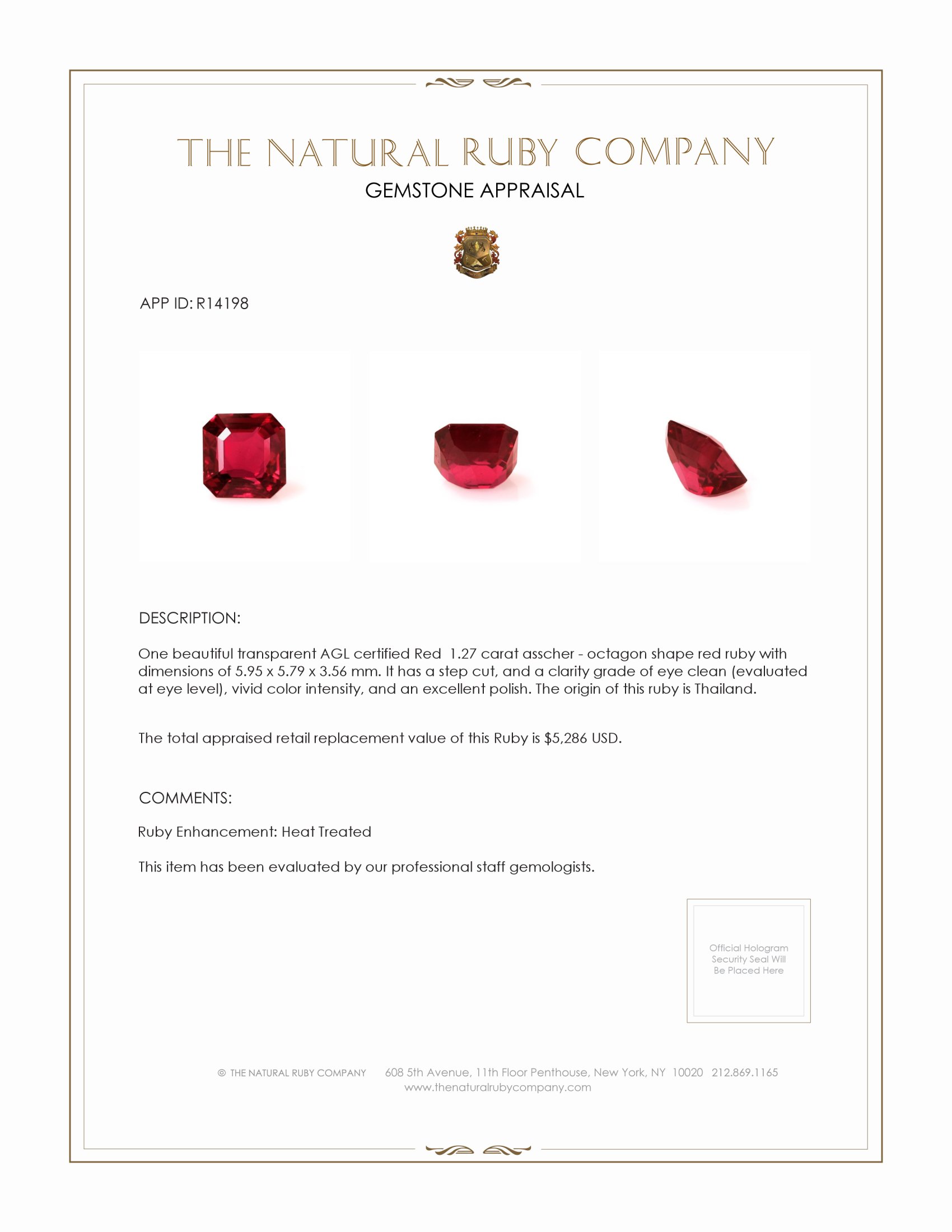 1.27 Ct. Ruby from Thailand