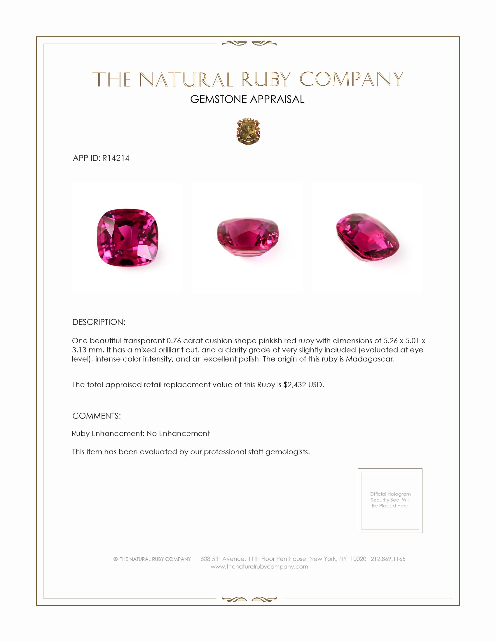 0.76 Ct. Ruby from Madagascar