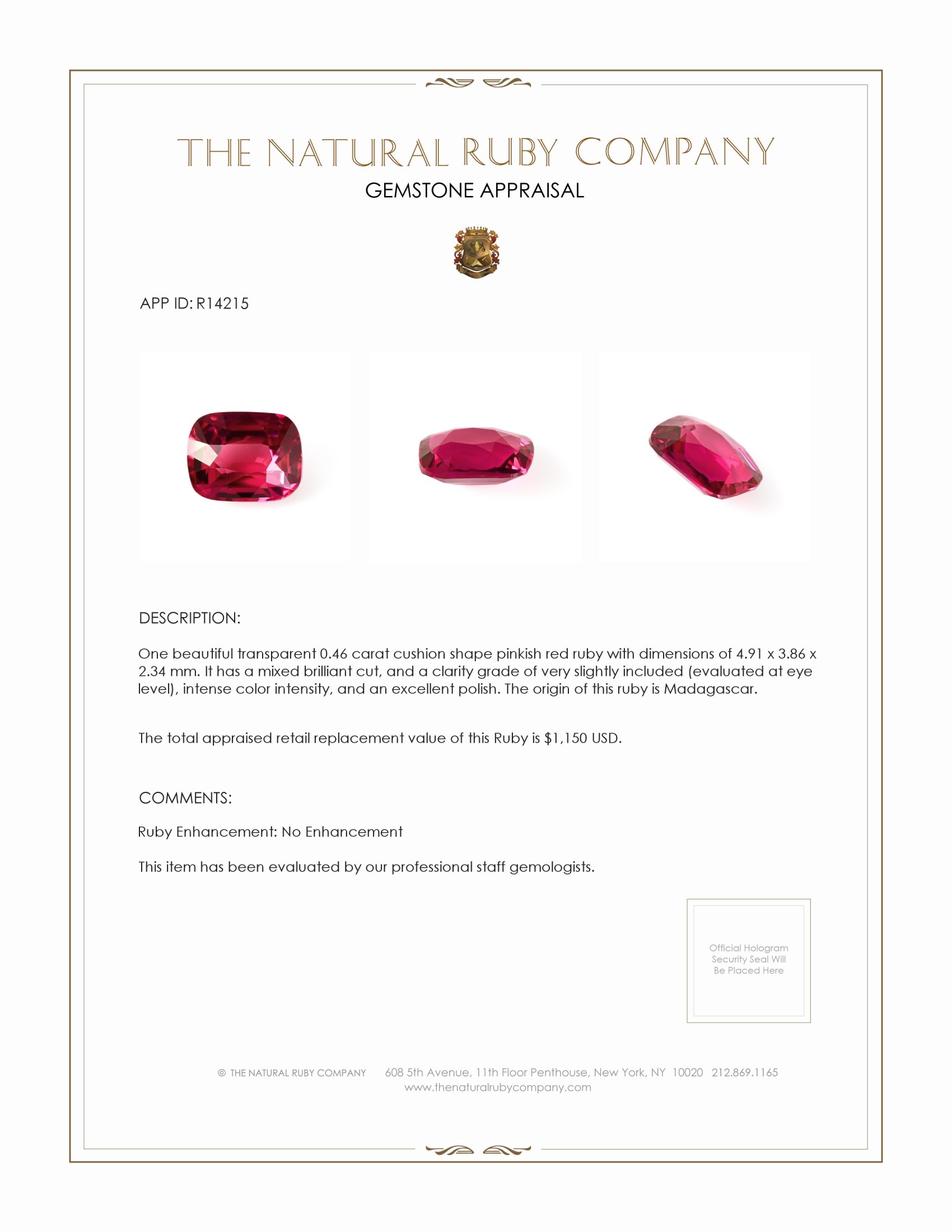 0.46 Ct. Pinkish Red Ruby from Madagascar