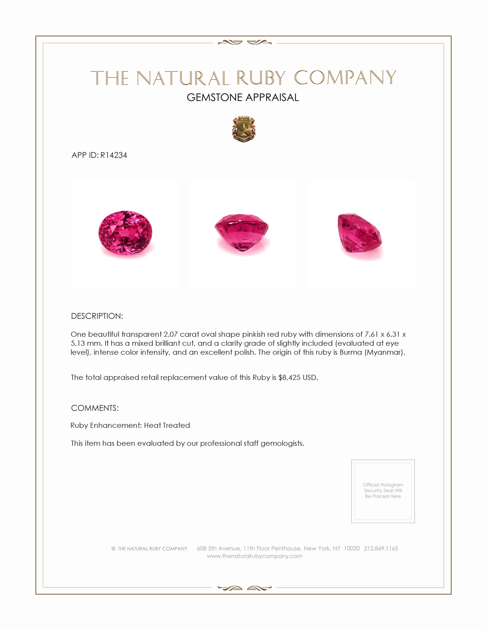 2.07 Ct. Ruby from Burma (Myanmar)