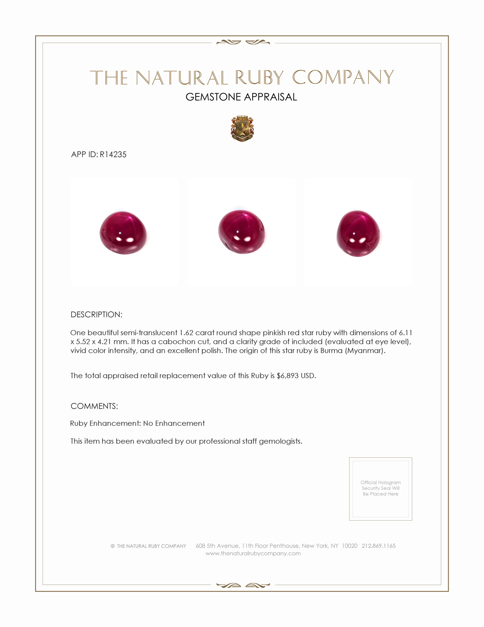 1.62 Ct. Star Ruby from Burma (Myanmar)